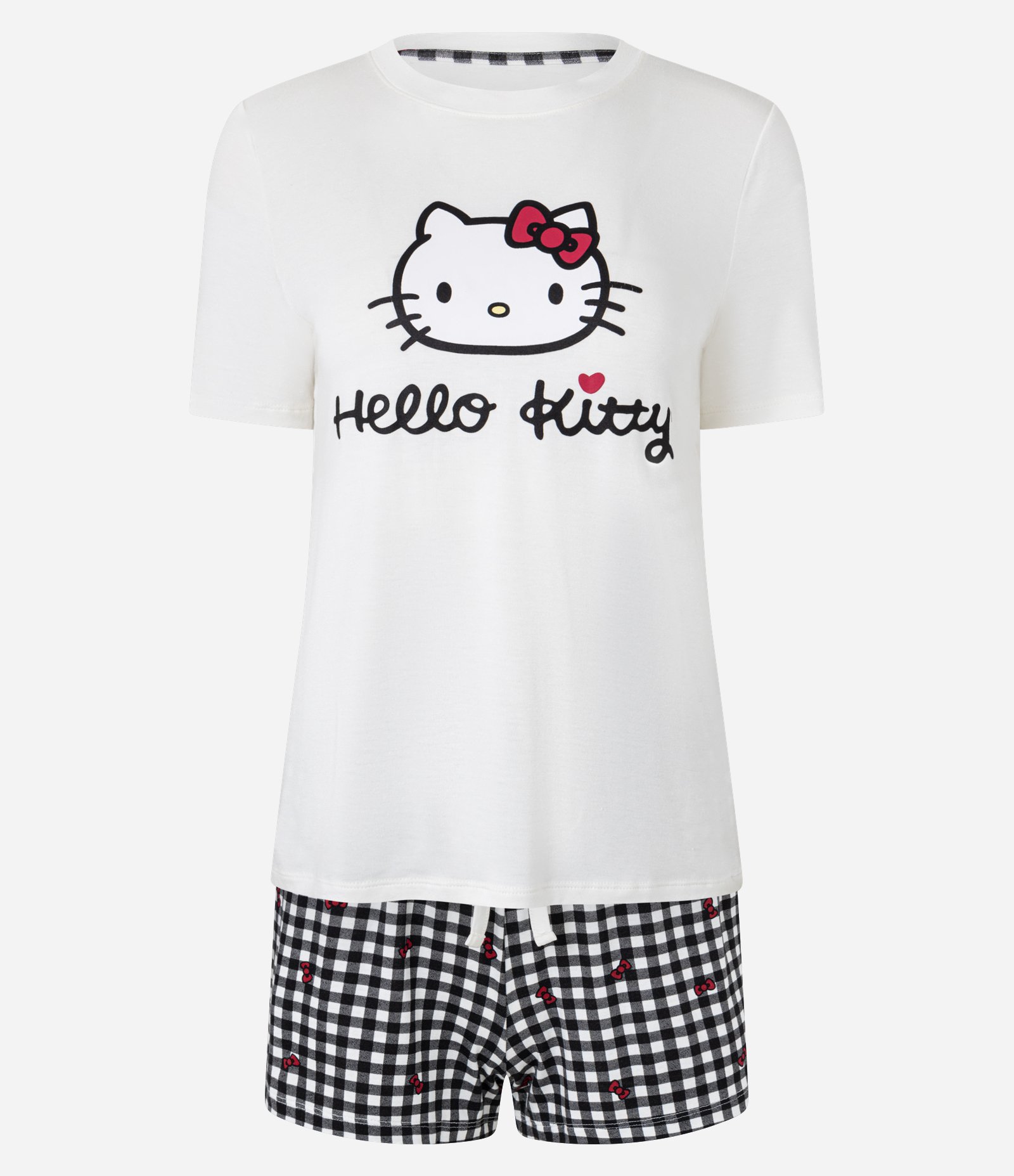 Pijama Short Doll em Viscose com Estampa Hello Kitty e Short Xadrez Branco 4