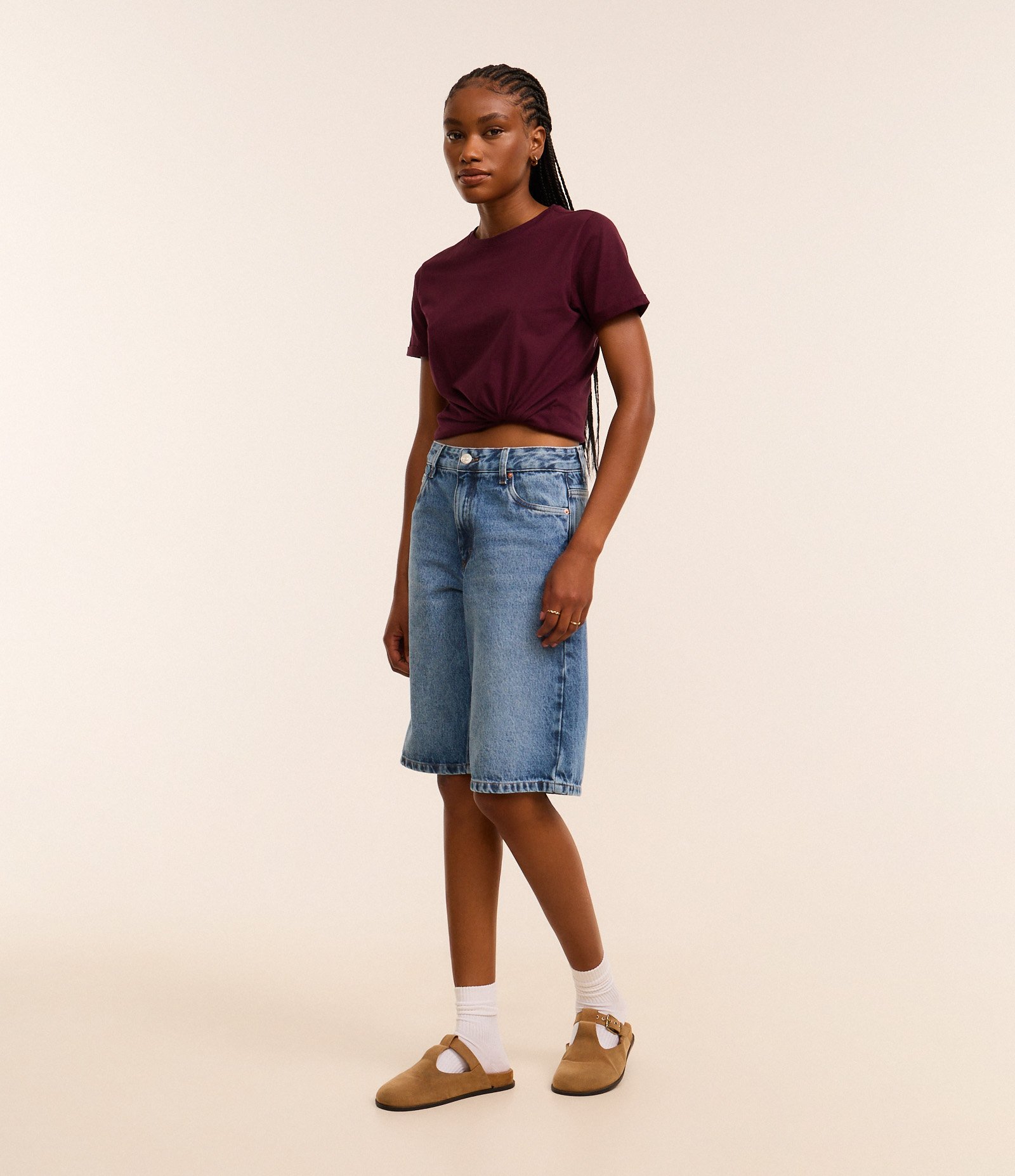 Camiseta Regular em Algodão com Manga Dobrada Bordô 2