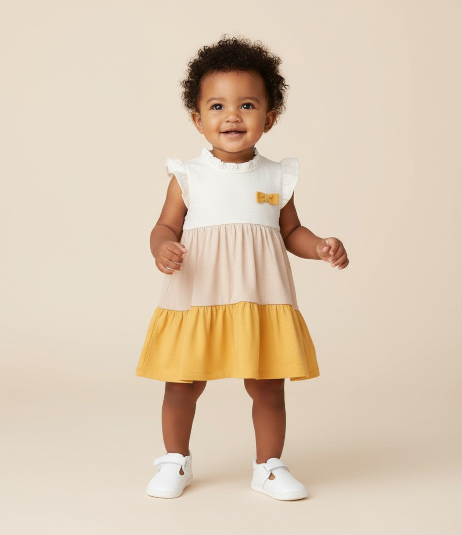 Vestido Infantil com Babados Maria e Lacinho - Tam 0 a 18 meses Bege/Amarelo 1
