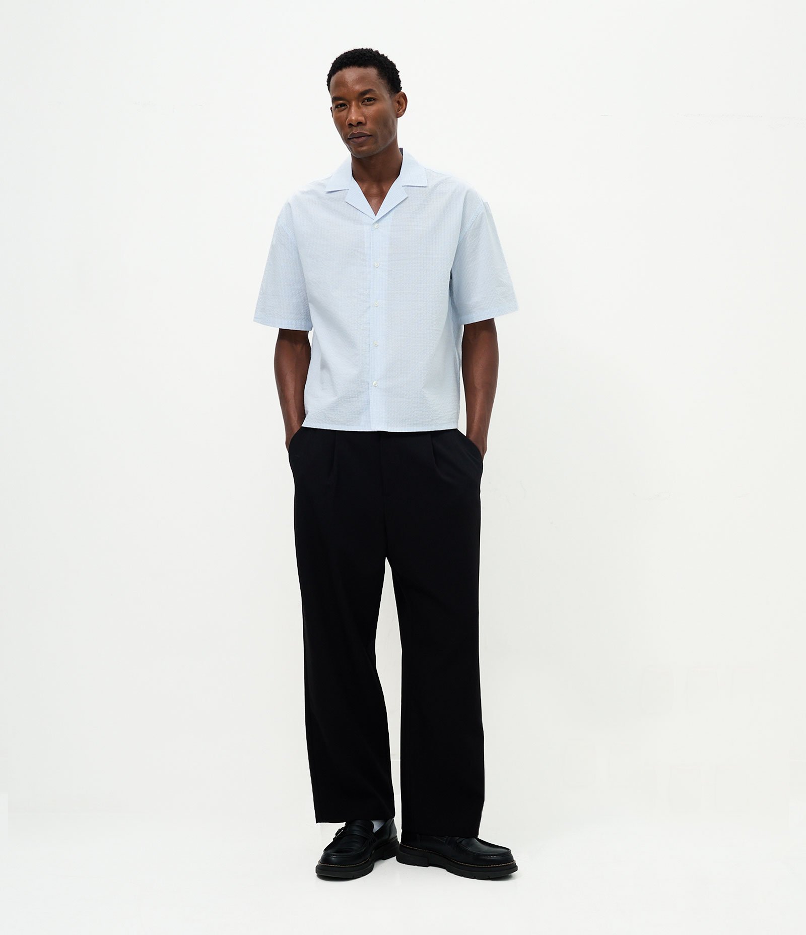 Camisa Boxy em Algodão com Textura e Listras Fio Tinto Cinza Claro 2
