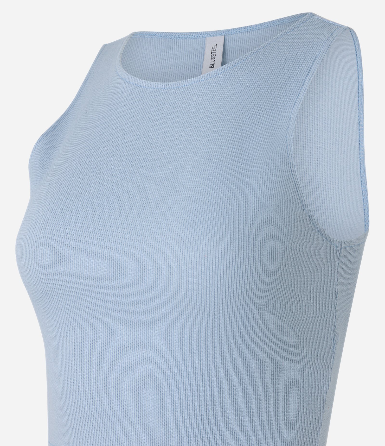 Blusa Cropped sem Manga em Algodão com Textura Canelada Azul Acinzentado 7