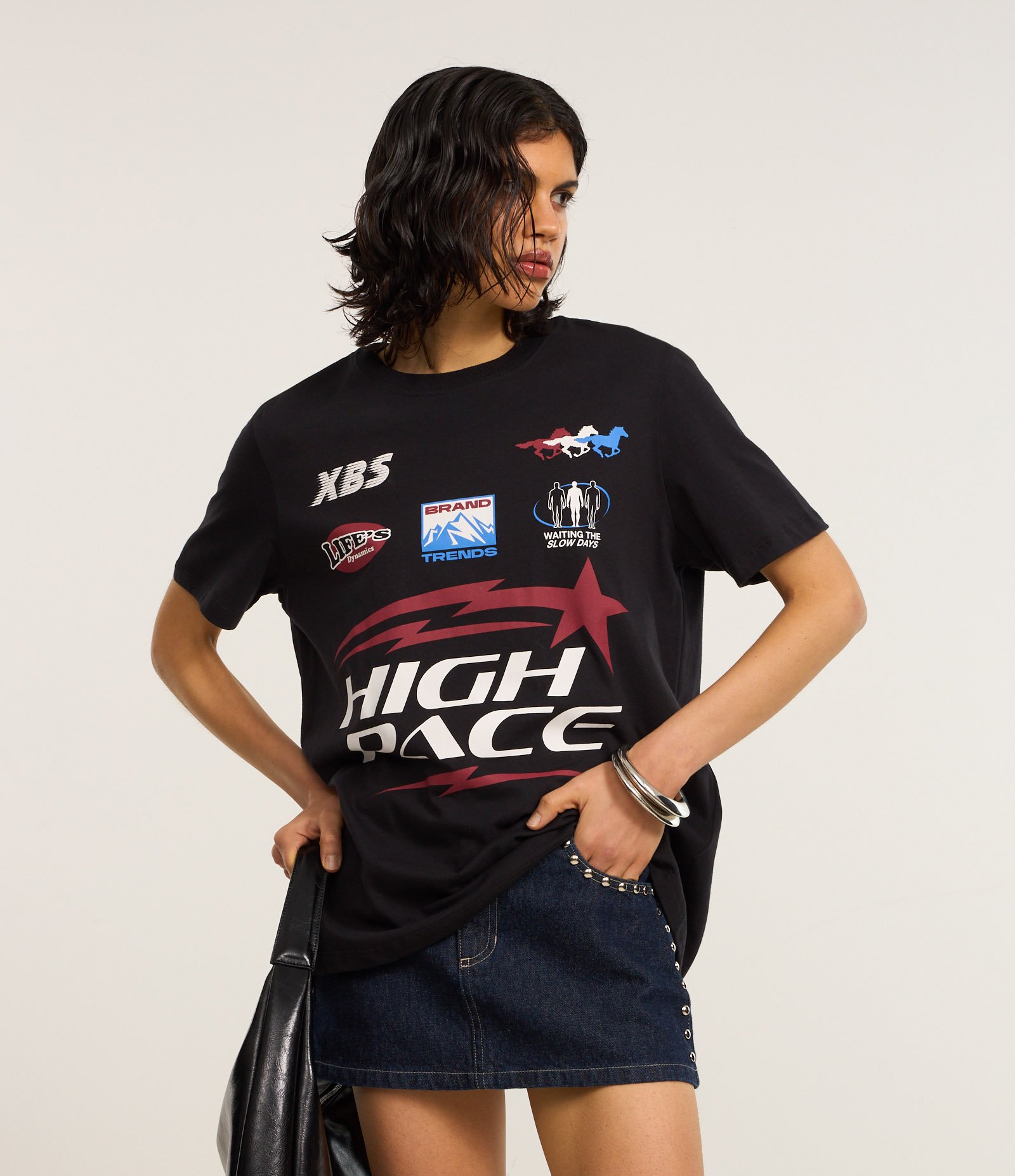 Camiseta Alongada em Algodão com Estampa Frente e Costas High Pace Preto 1