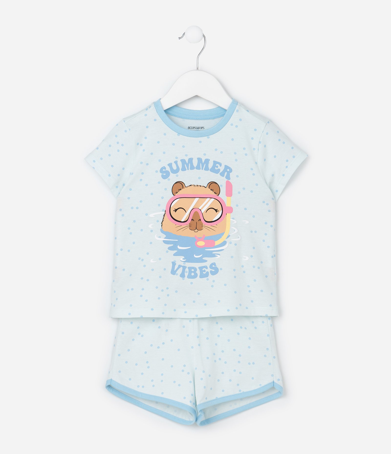 Pijama Curto Infantil com Estampa Poá e Capivara - Tam 2 a 6 Anos Azul 1