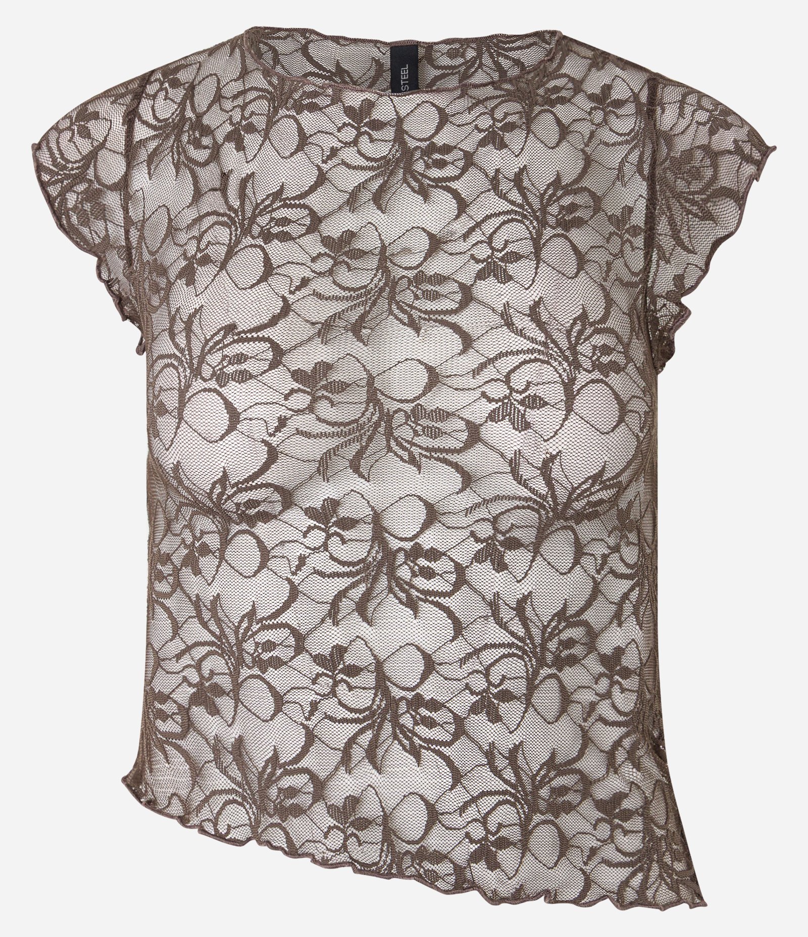 Blusa em Renda Decote Canoa e Barra Assimétrica Marrom 4