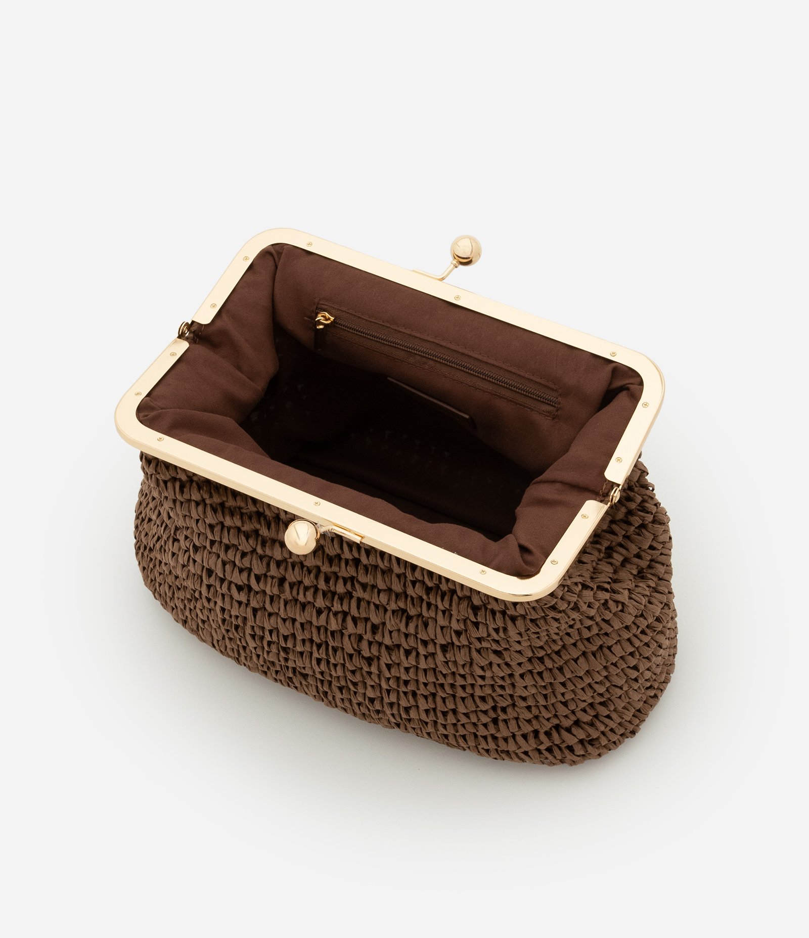 Bolsa Clutch com Efeito de Palha e Fechamento de Metal Marrom 6