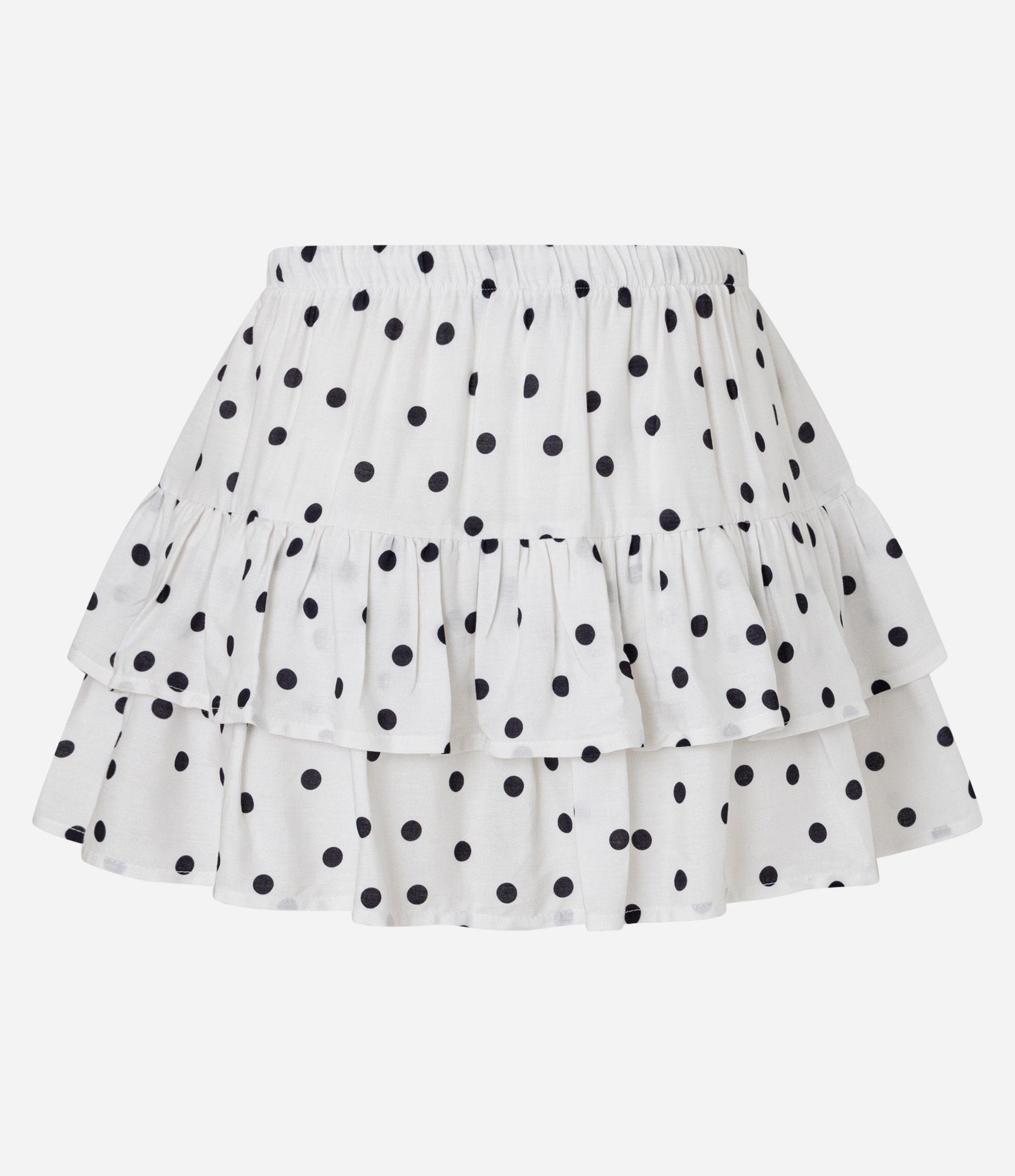 Mini Short Saia em Chalis Estampa Poá com Babados Branco 6