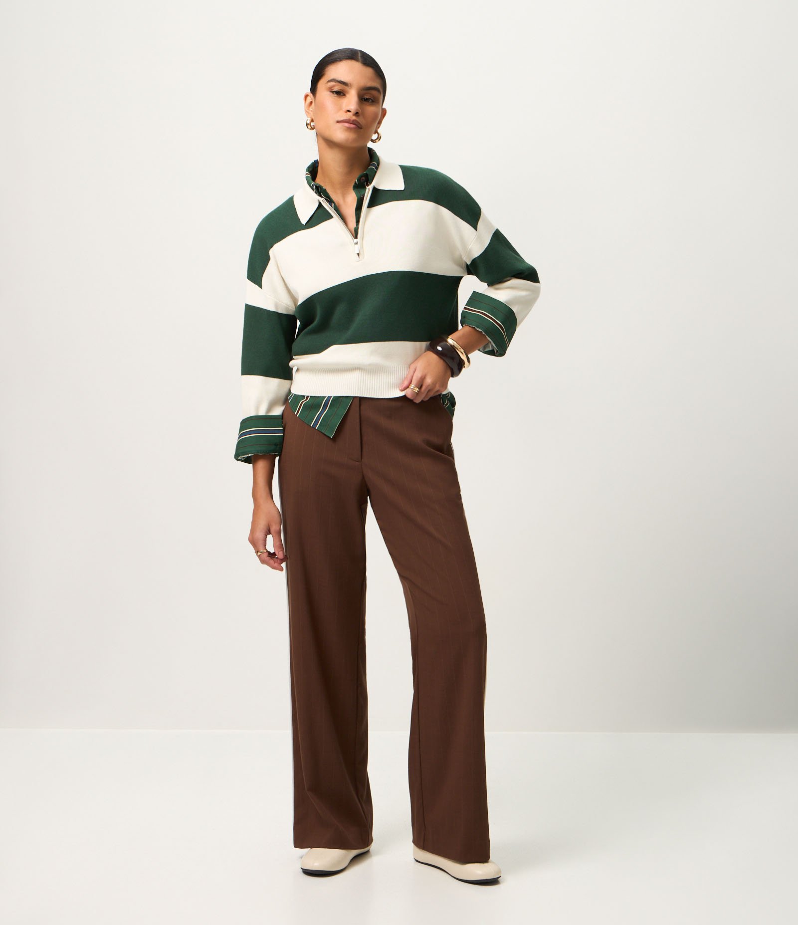 Suéter em Tricô com Gola Polo e Estampa Listrada Bege/Verde 2