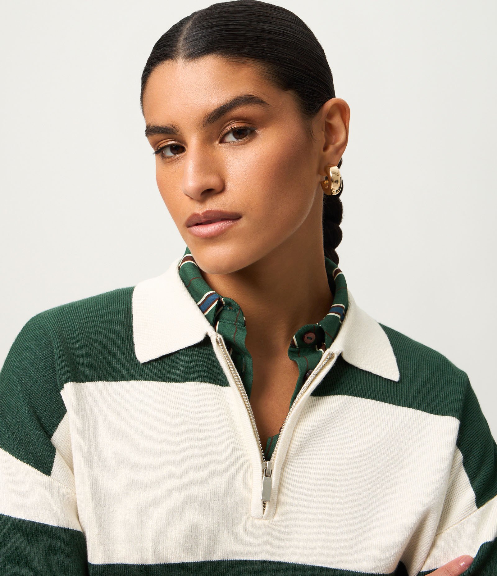 Suéter em Tricô com Gola Polo e Estampa Listrada Bege/Verde 3