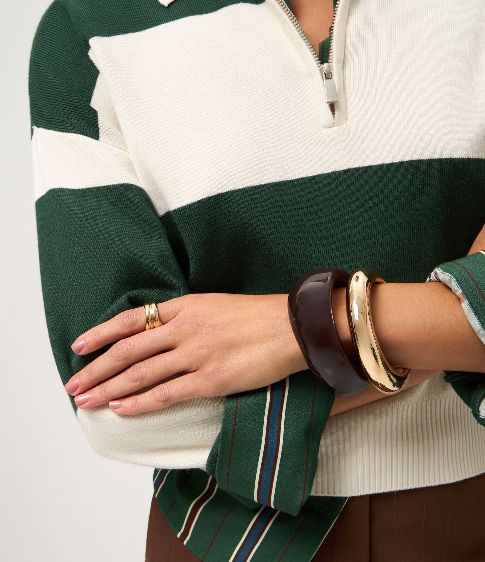 Suéter em Tricô com Gola Polo e Estampa Listrada Bege/Verde 4