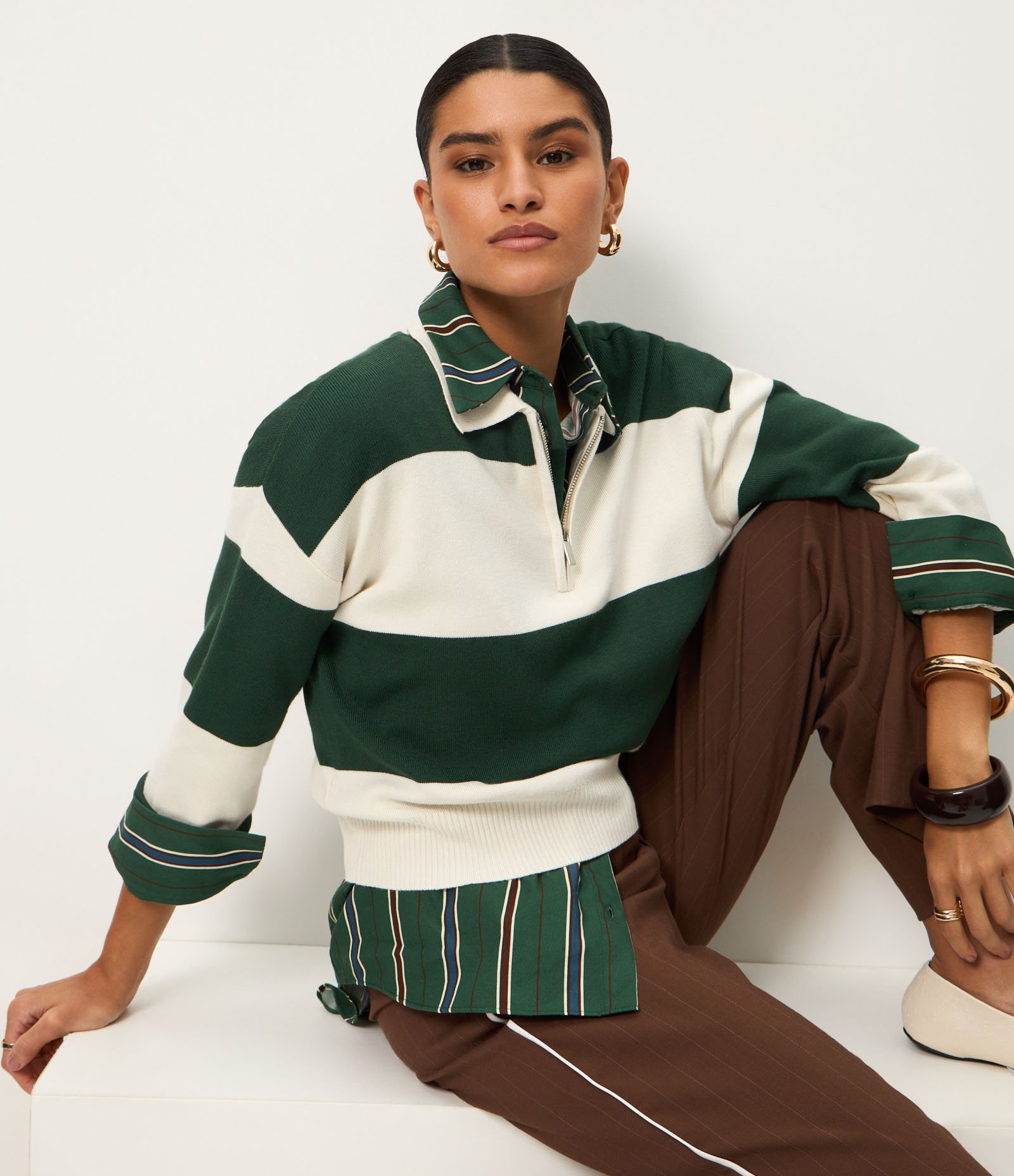 Suéter em Tricô com Gola Polo e Estampa Listrada Bege/Verde 5