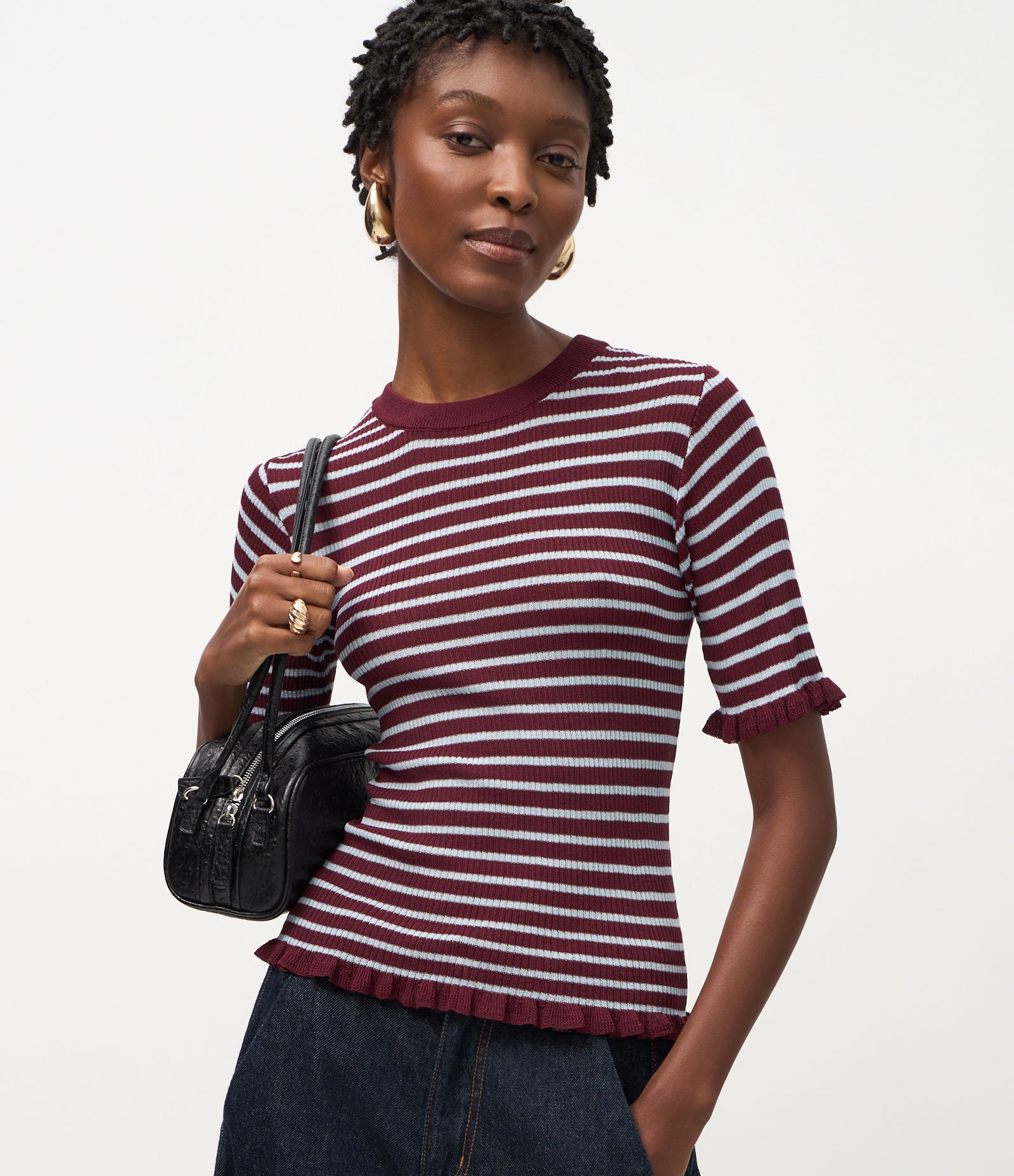 Blusa Ajustada em Tricô com Frufrus e Estampa de Listras Roxo 1