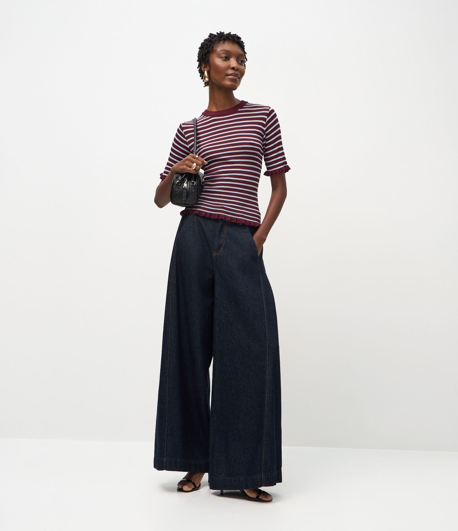Blusa Ajustada em Tricô com Frufrus e Estampa de Listras Roxo 2