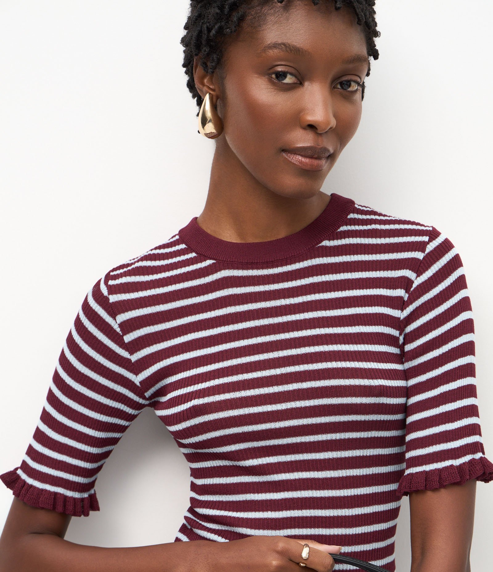 Blusa Ajustada em Tricô com Frufrus e Estampa de Listras Roxo 3
