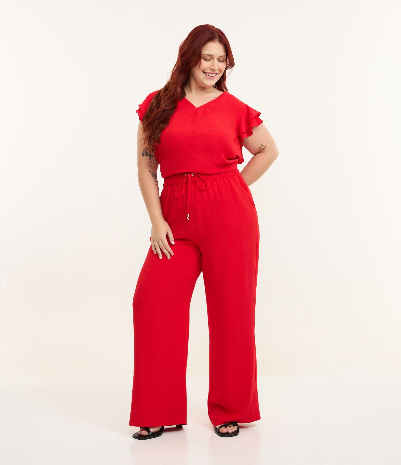 Blusa em Crepe com Babado Duplo no Ombro Curve & Plus Size Vermelho 3