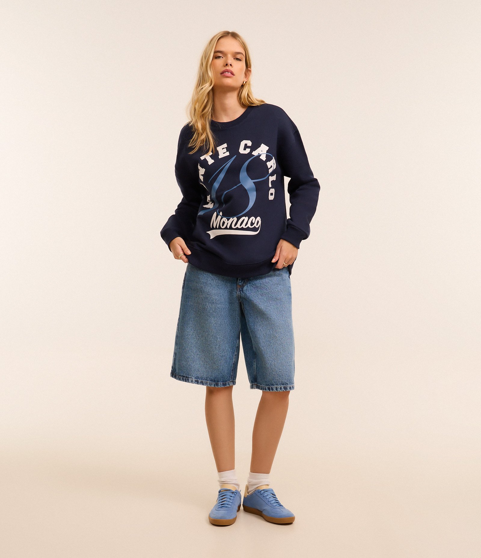 Casaco Fechado Alongado em Moletom com Felpa e Estampa Monte Carlo Azul Marinho 2