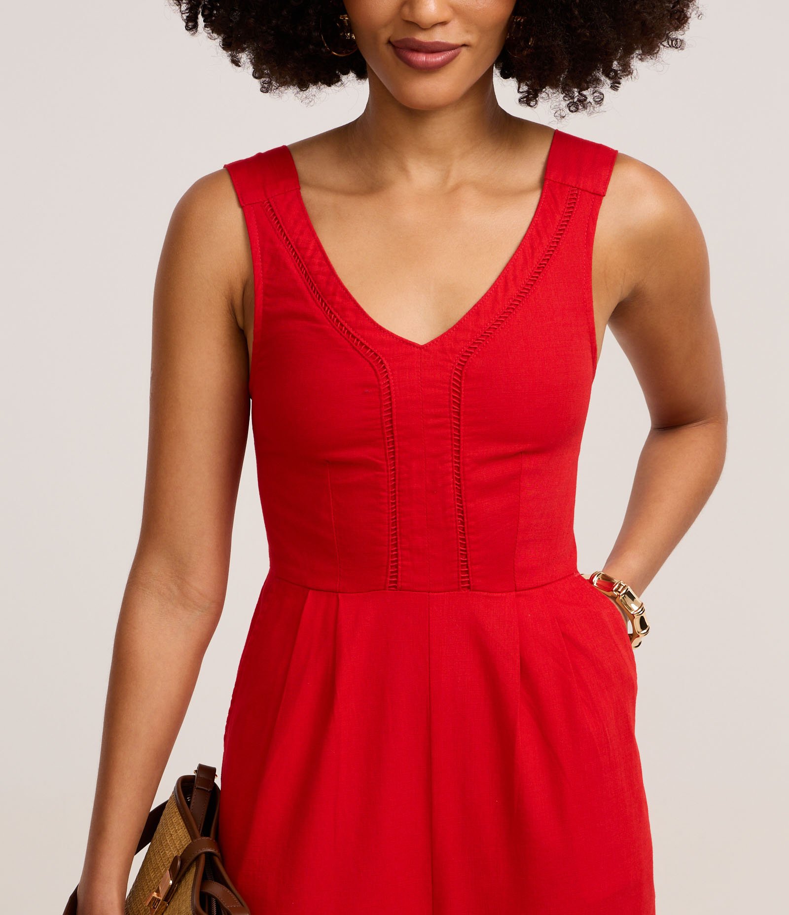 Macacão Longo em Sarja com Detalhe Entremeio Vermelho 4