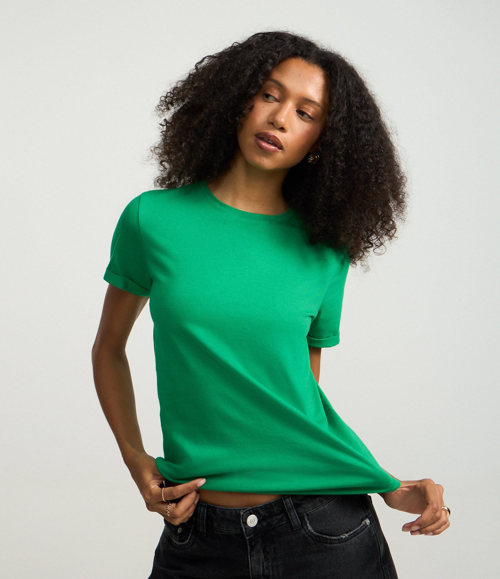 Camiseta Regular em Algodão com Manga Dobrada Verde 1