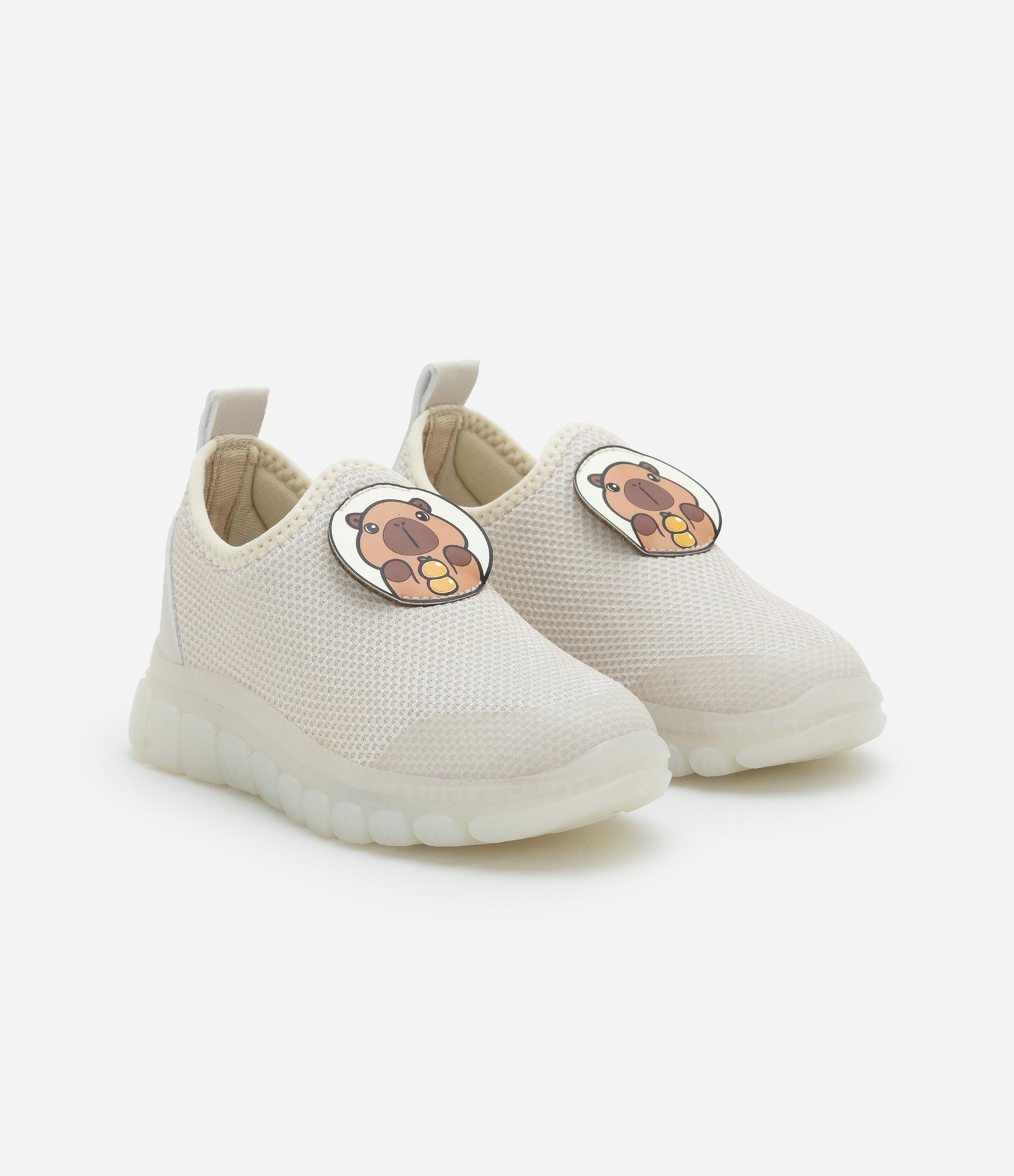 Tênis Calce Fácil Infantil com Sola LED e Estampa Capivara - Tam 20 ao 27 Off White 1