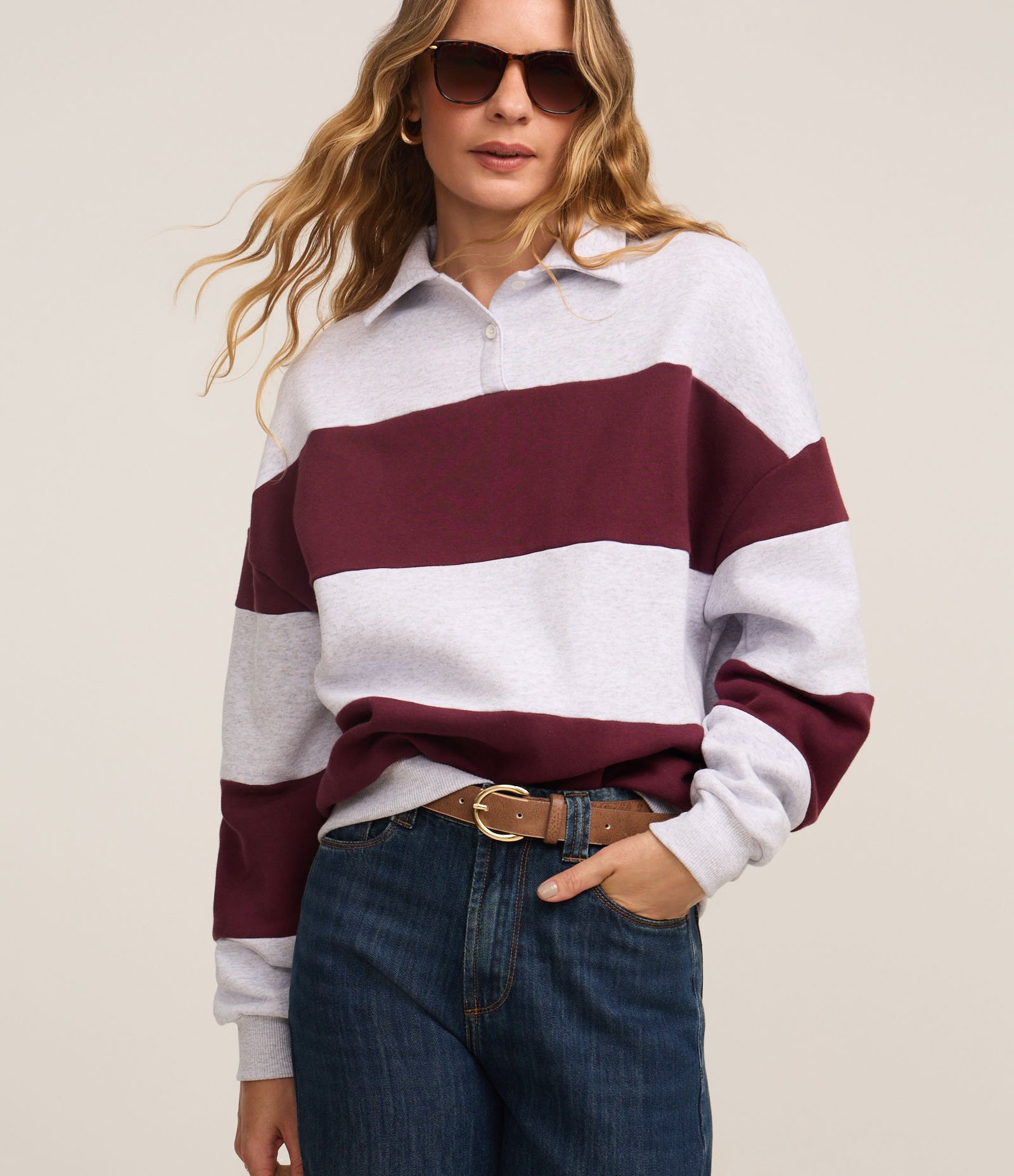 Casaco em Moletom com Gola Polo e Listras Largas Bordô/Off White 1