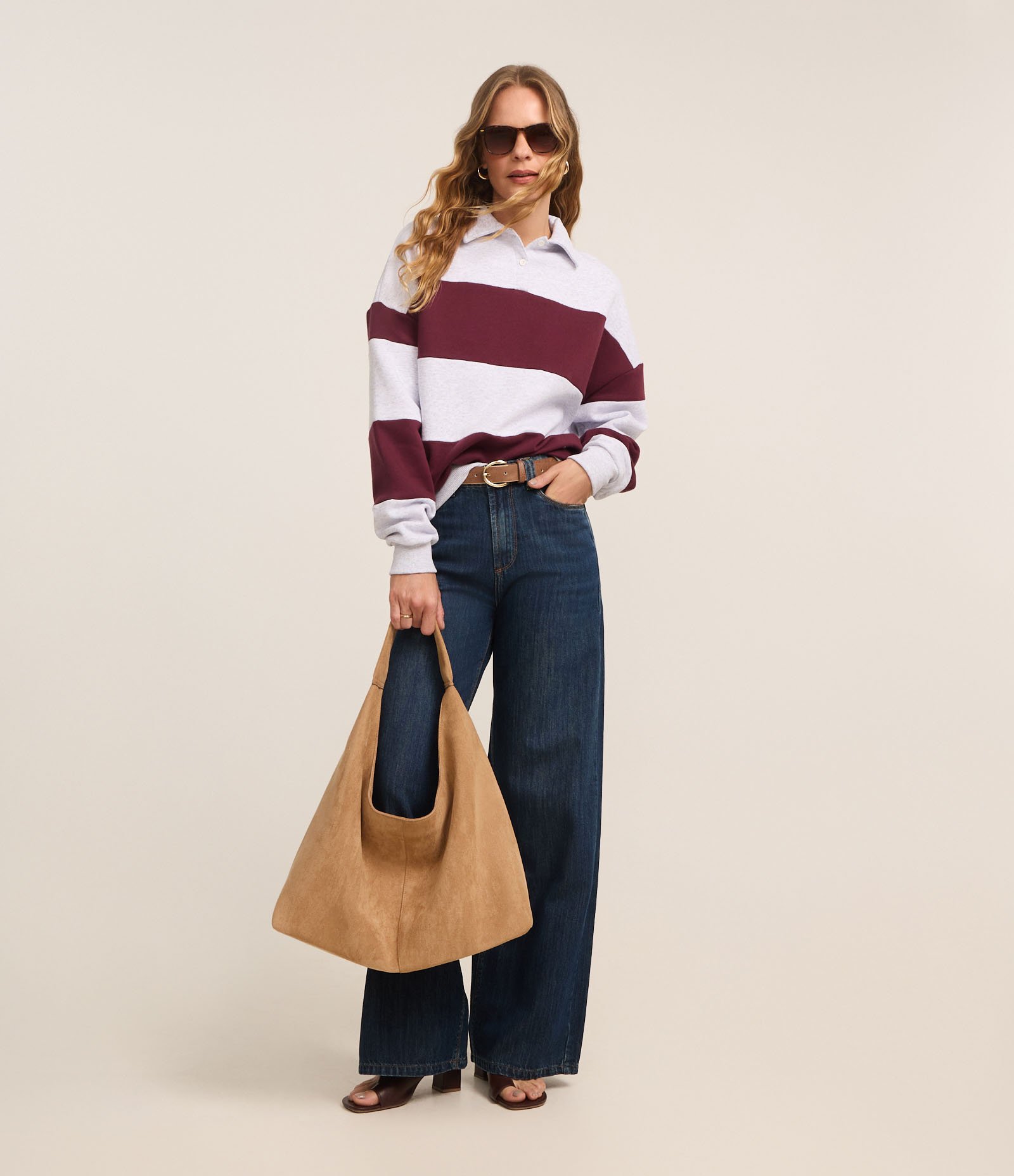 Casaco em Moletom com Gola Polo e Listras Largas Bordô/Off White 2