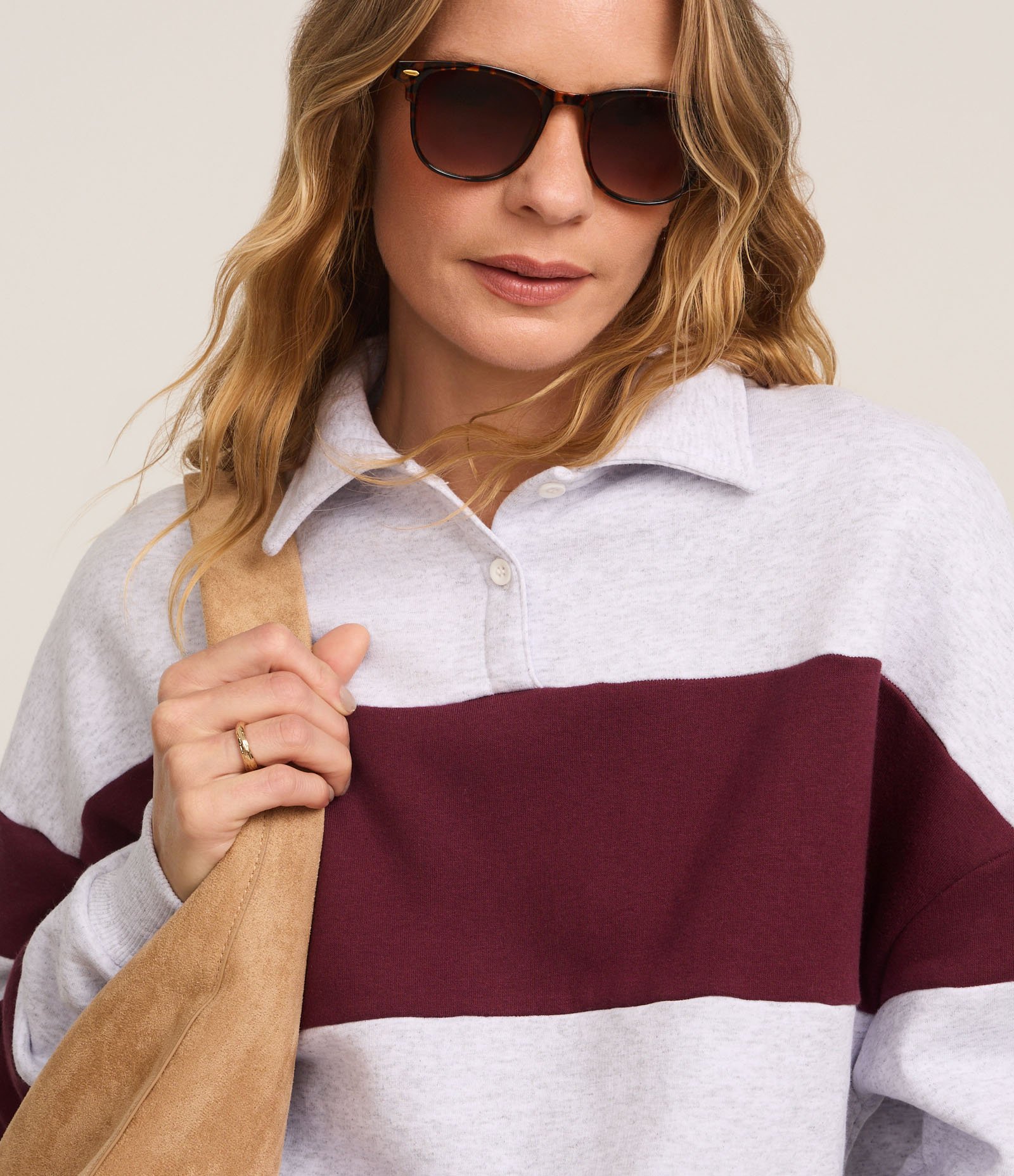 Casaco em Moletom com Gola Polo e Listras Largas Bordô/Off White 3