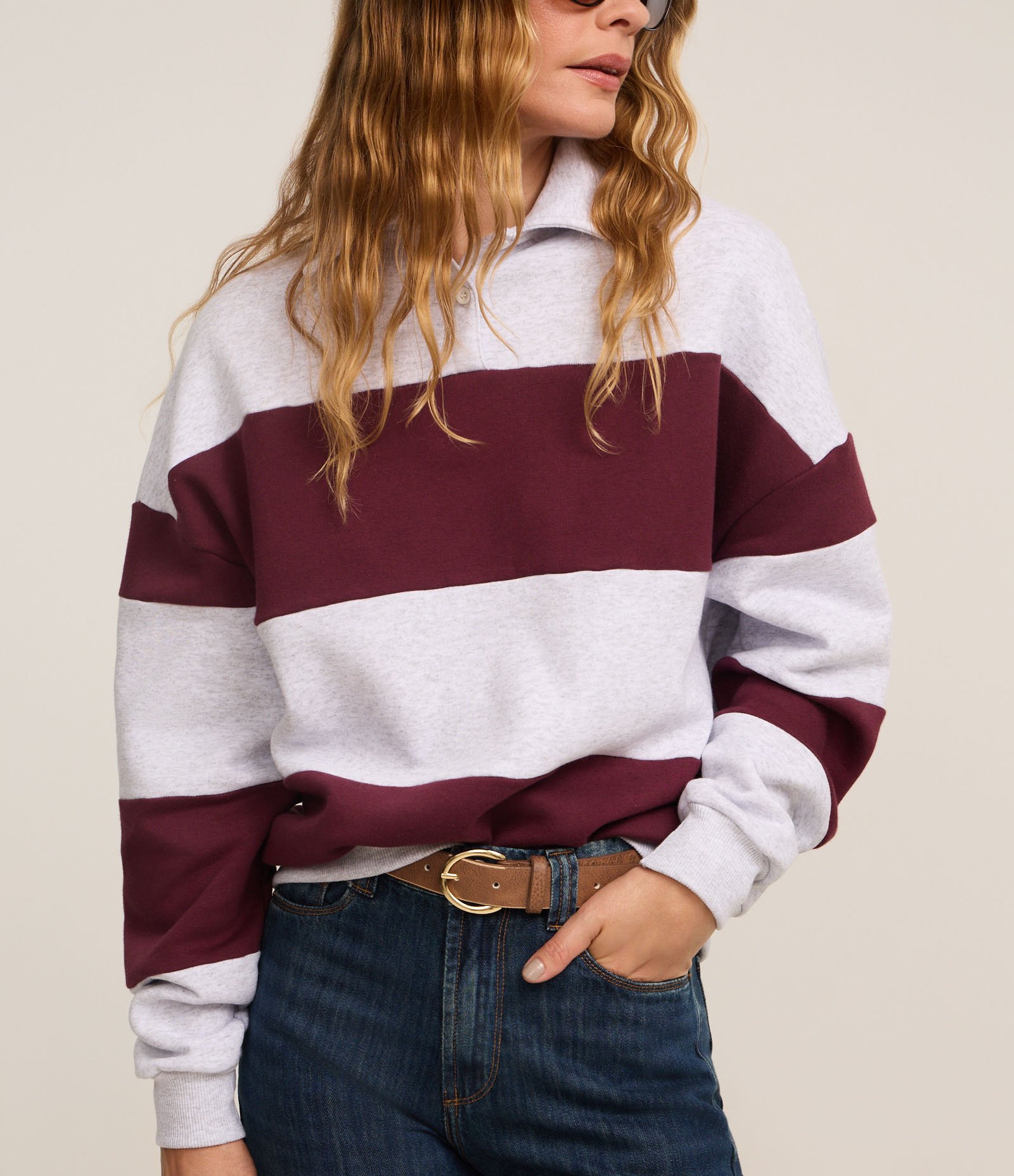 Casaco em Moletom com Gola Polo e Listras Largas Bordô/Off White 4