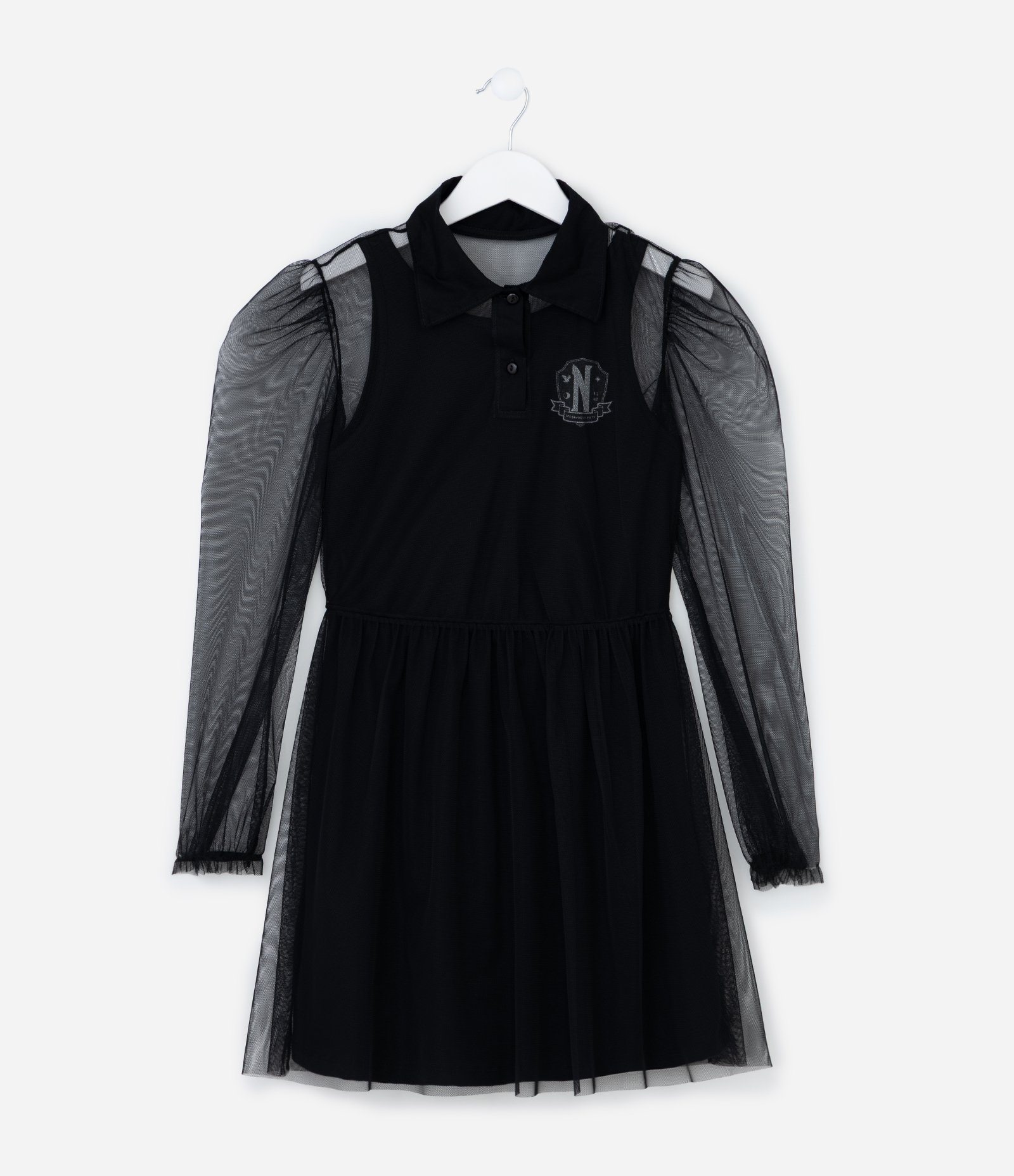 Vestido Infantil Gola Polo com Tule Wandinha - Tam 5 a 14 Anos Preto 1