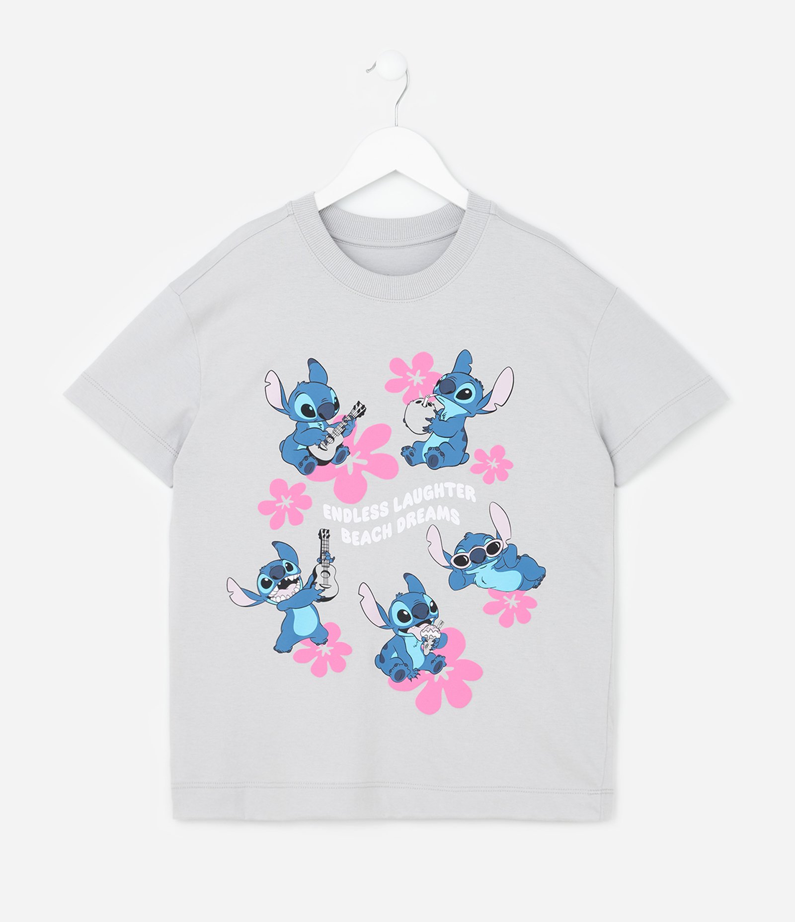 Camiseta Infantil com Estampa Stitch com Flores Havaianas - Tam 5 a 14 Anos Cinza 1