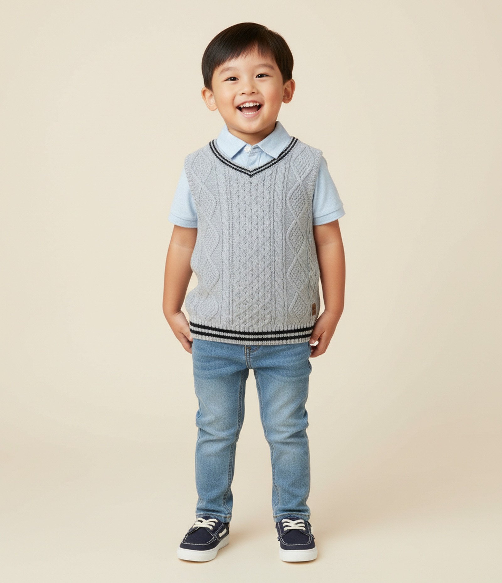 Colete Infantil em Efeito Tricô com Trama Trançada – Tam 1 a 5/6 Anos Cinza Claro 1