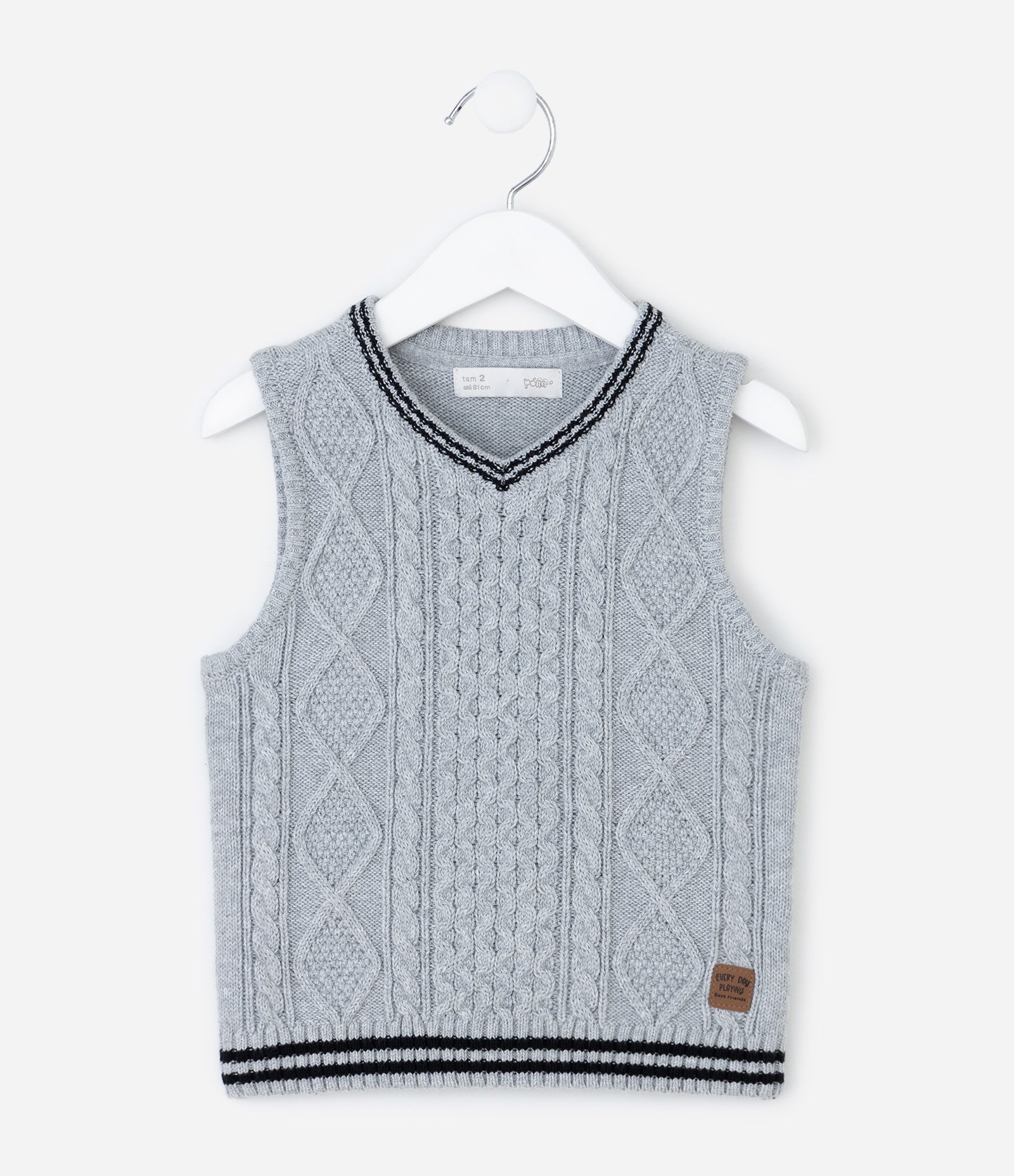 Colete Infantil em Efeito Tricô com Trama Trançada – Tam 1 a 5/6 Anos Cinza Claro 2