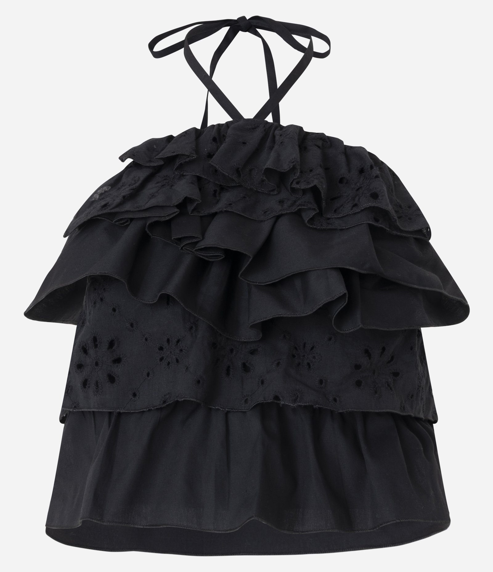 Blusa Cropped em Frente Única com Alça de Amarração e Babados Preto 6