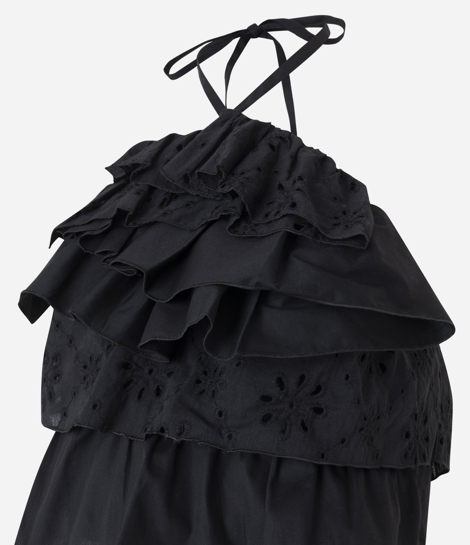 Blusa Cropped em Frente Única com Alça de Amarração e Babados Preto 7