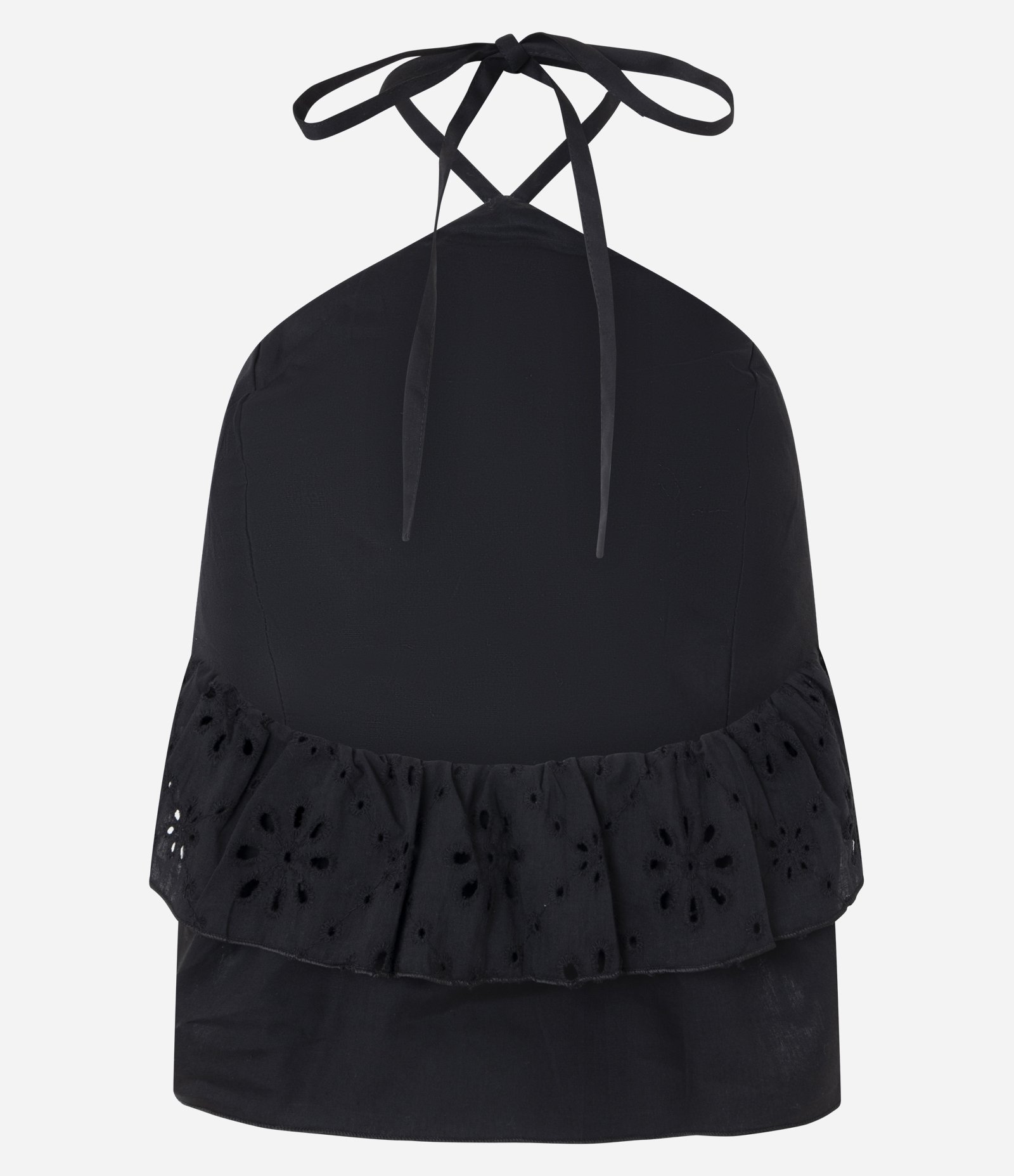 Blusa Cropped em Frente Única com Alça de Amarração e Babados Preto 8