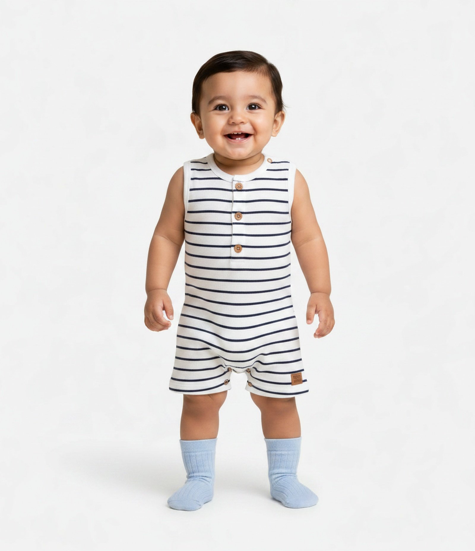 Macaquinho Bebê com Estampa de Listras - Tam 0 a 18 Meses Branco/Azul 1