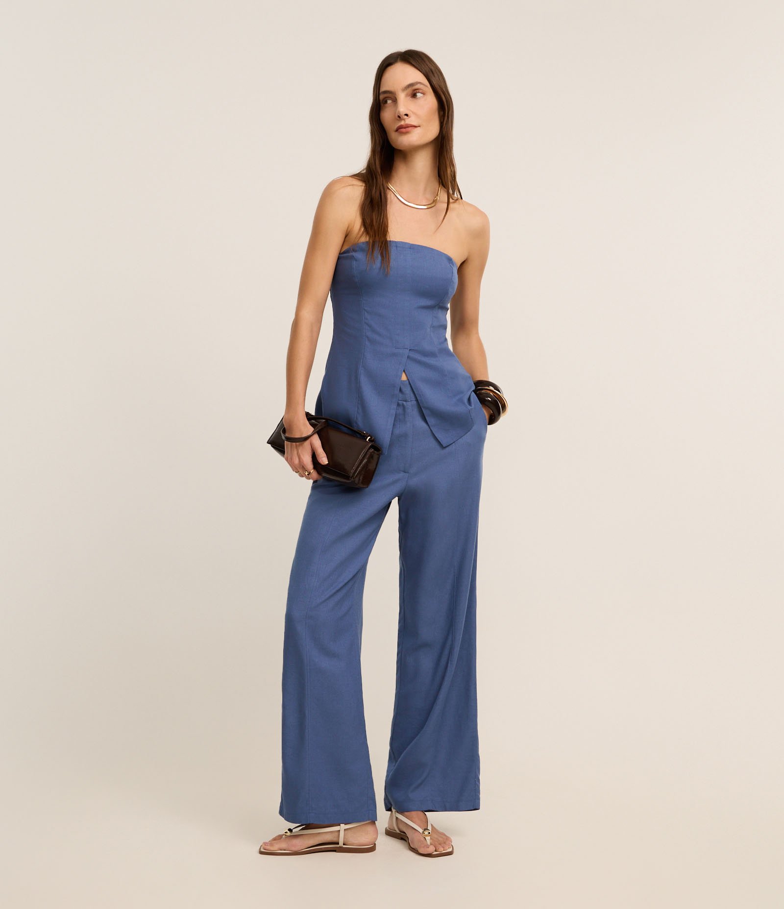 Blusa Corsetada Alfaiatada com Barra V e Lastex Azul 2