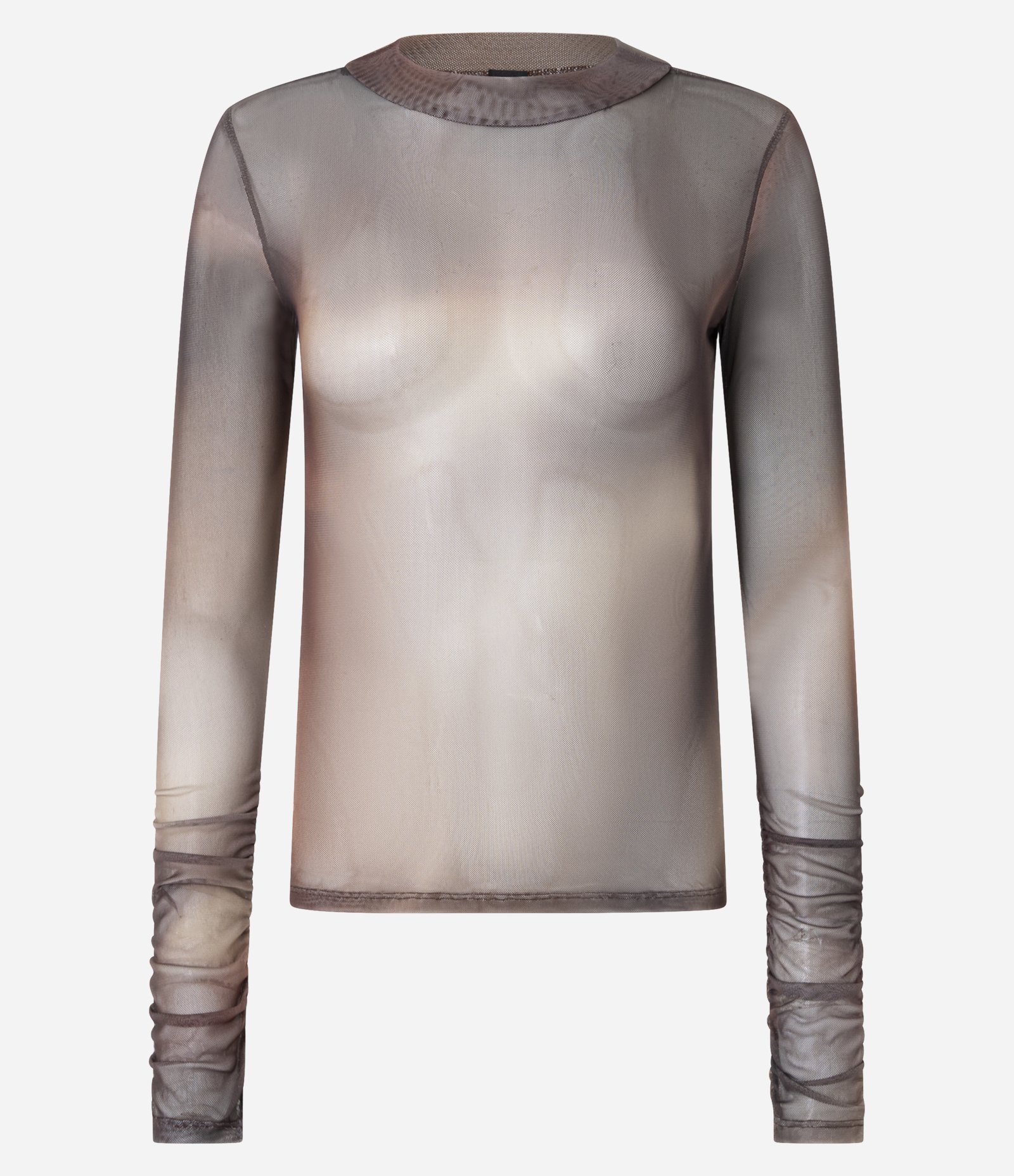 Blusa em Tule com Estampa Abstrata e Franzidos na Manga Marrom 5