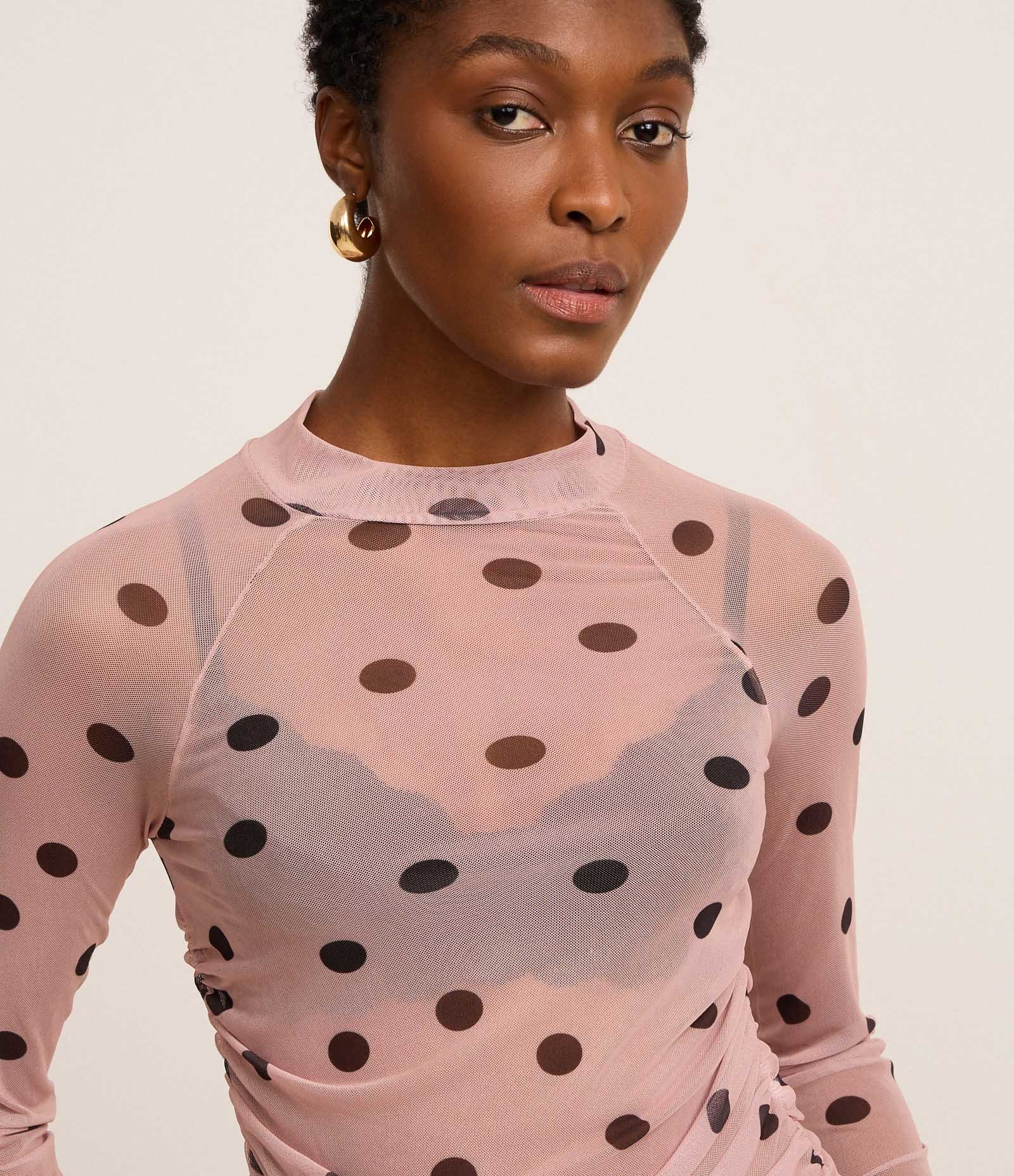 Blusa em Tule com Estampa Poá e Cava Raglan Rosa 4