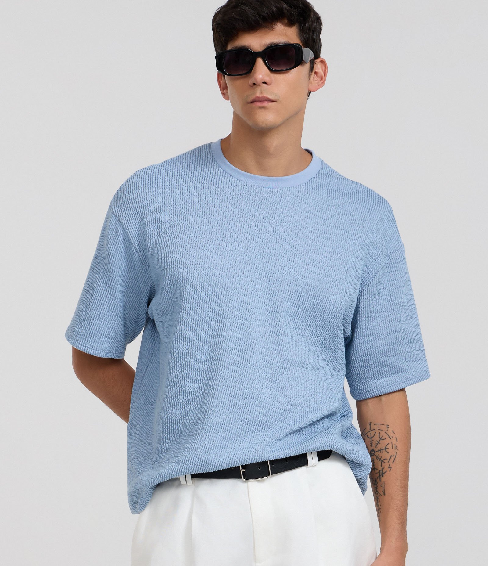 Camiseta Boxy em Algodão Texturizada Azul 1