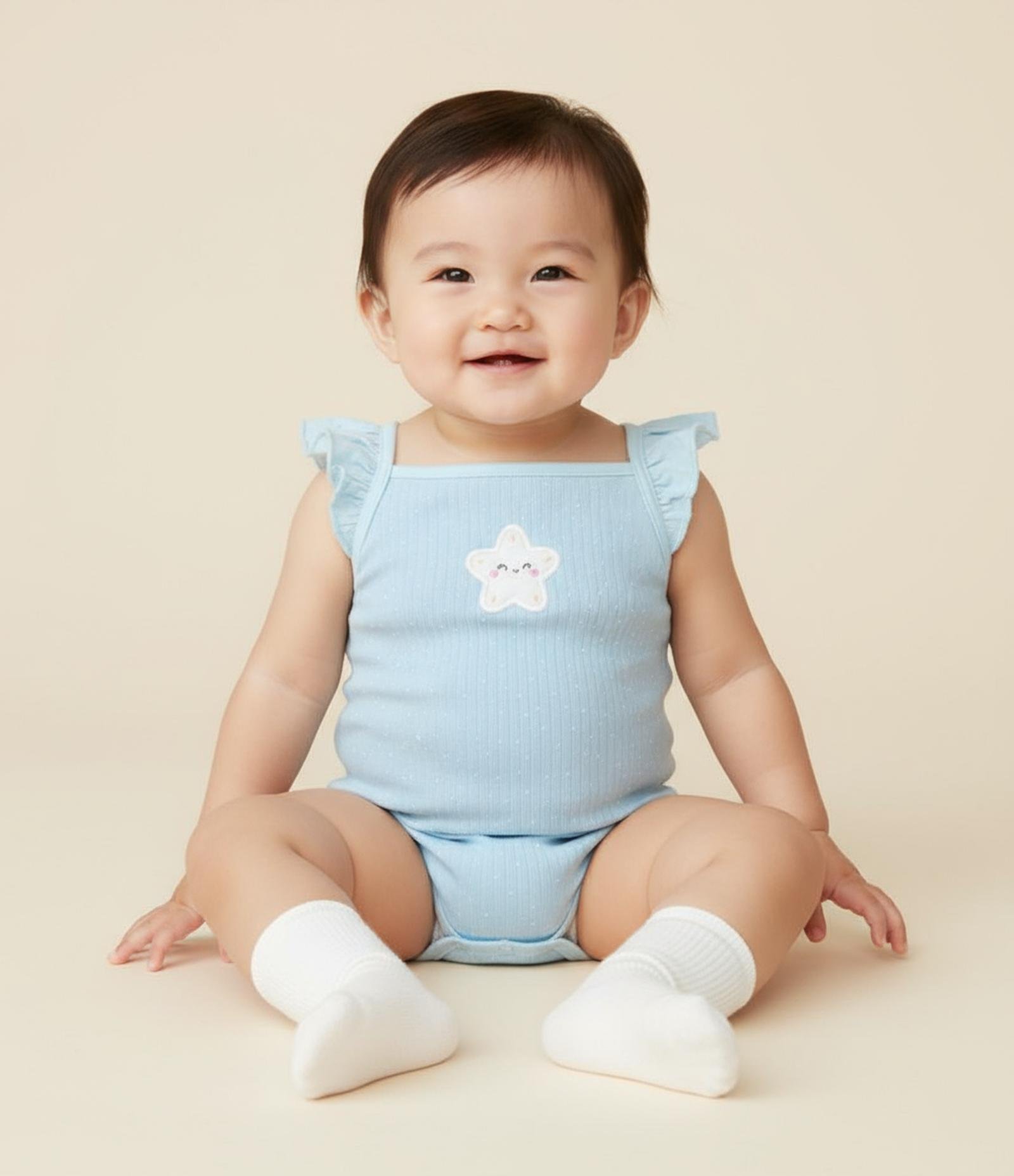 Body Infantil com Bordado de Estrela Estampa Poá e Canelado - Tam 0 a 18 Meses Azul 1