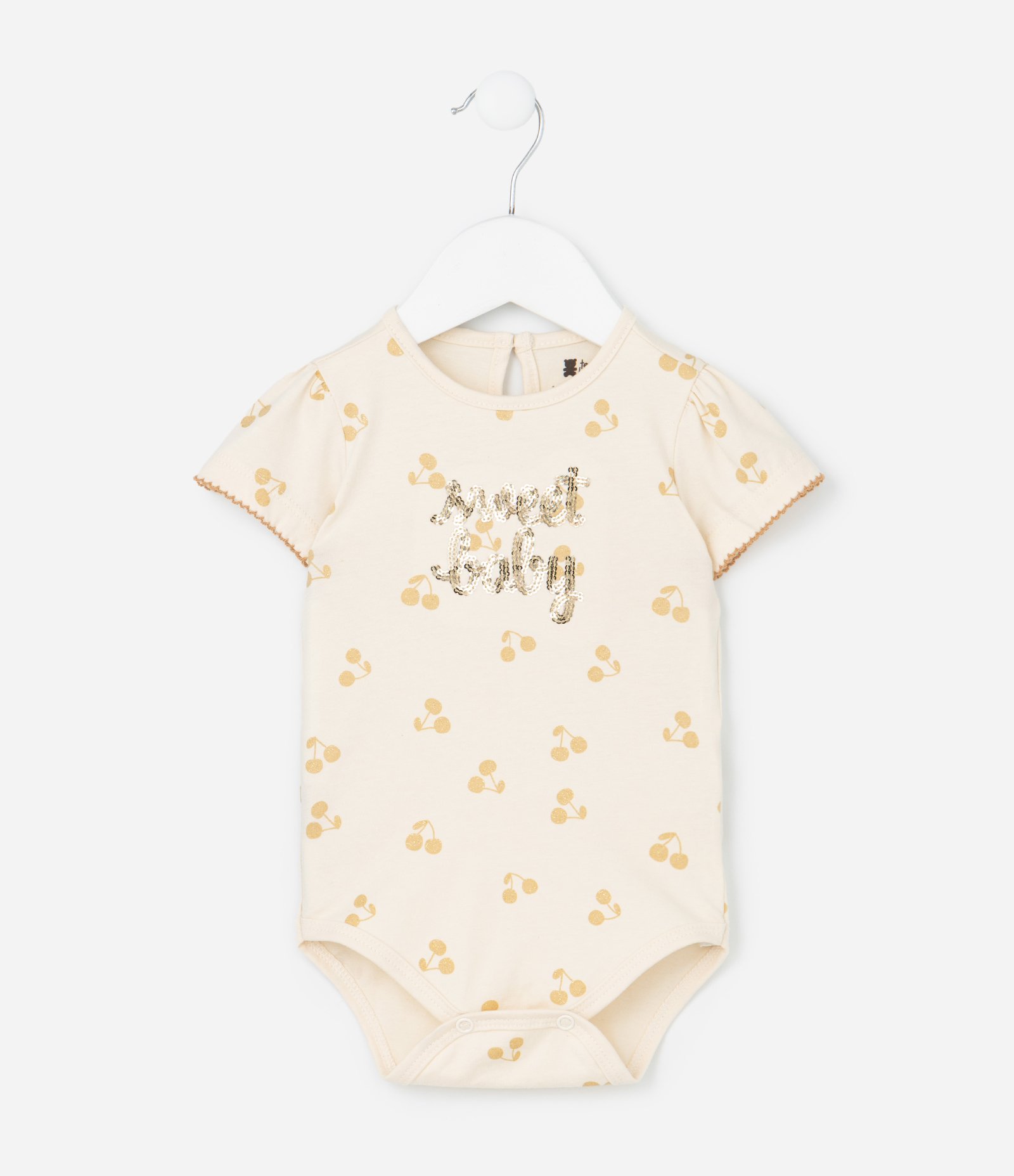 Conjunto Infantil com Estampa de Cerejas Sweet Baby Paetês - Tam 0 a 18 Meses Bege 2