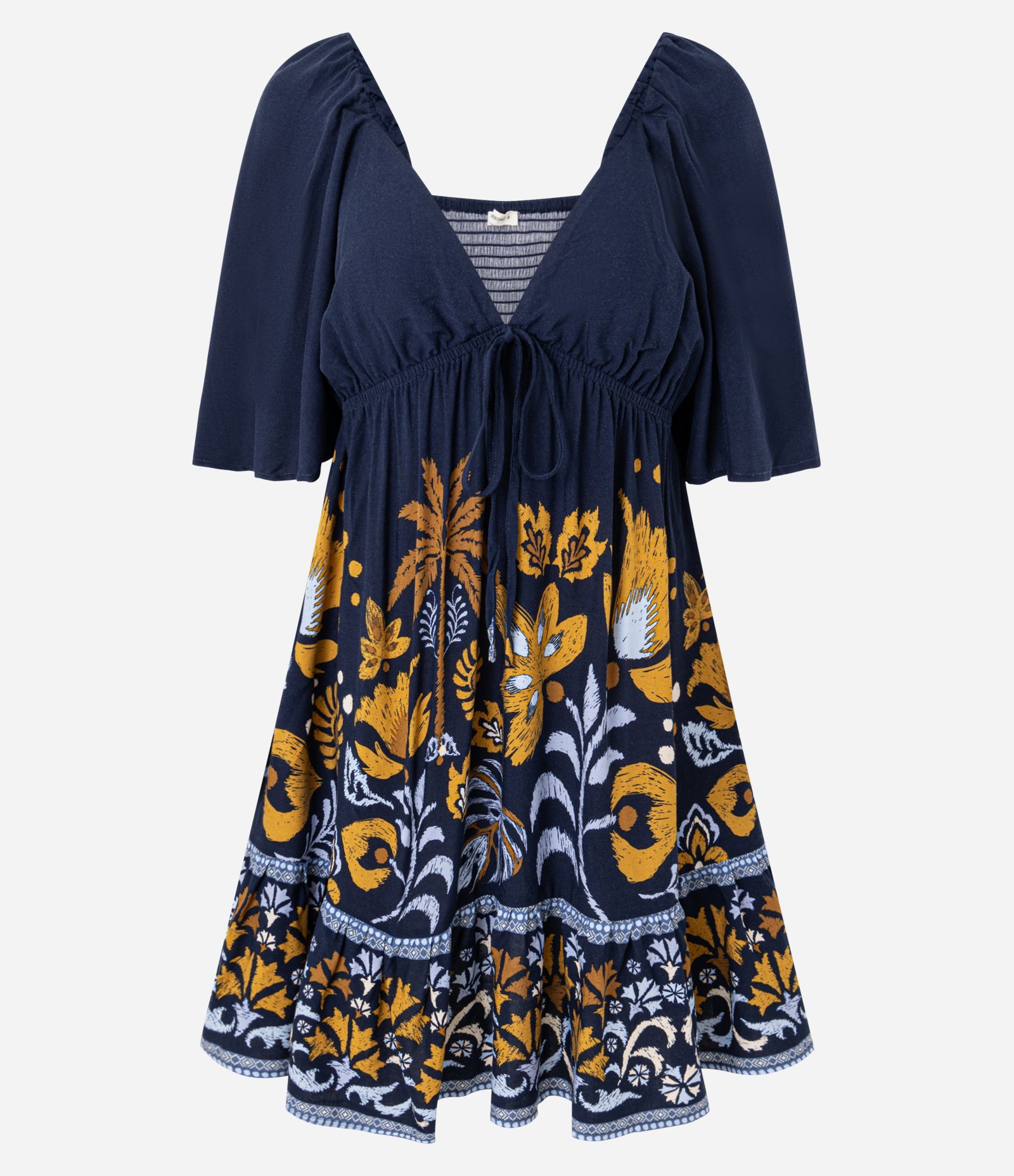 Vestido Evasê Curto em Viscose com Estampa Folhagem Azul Escuro 5