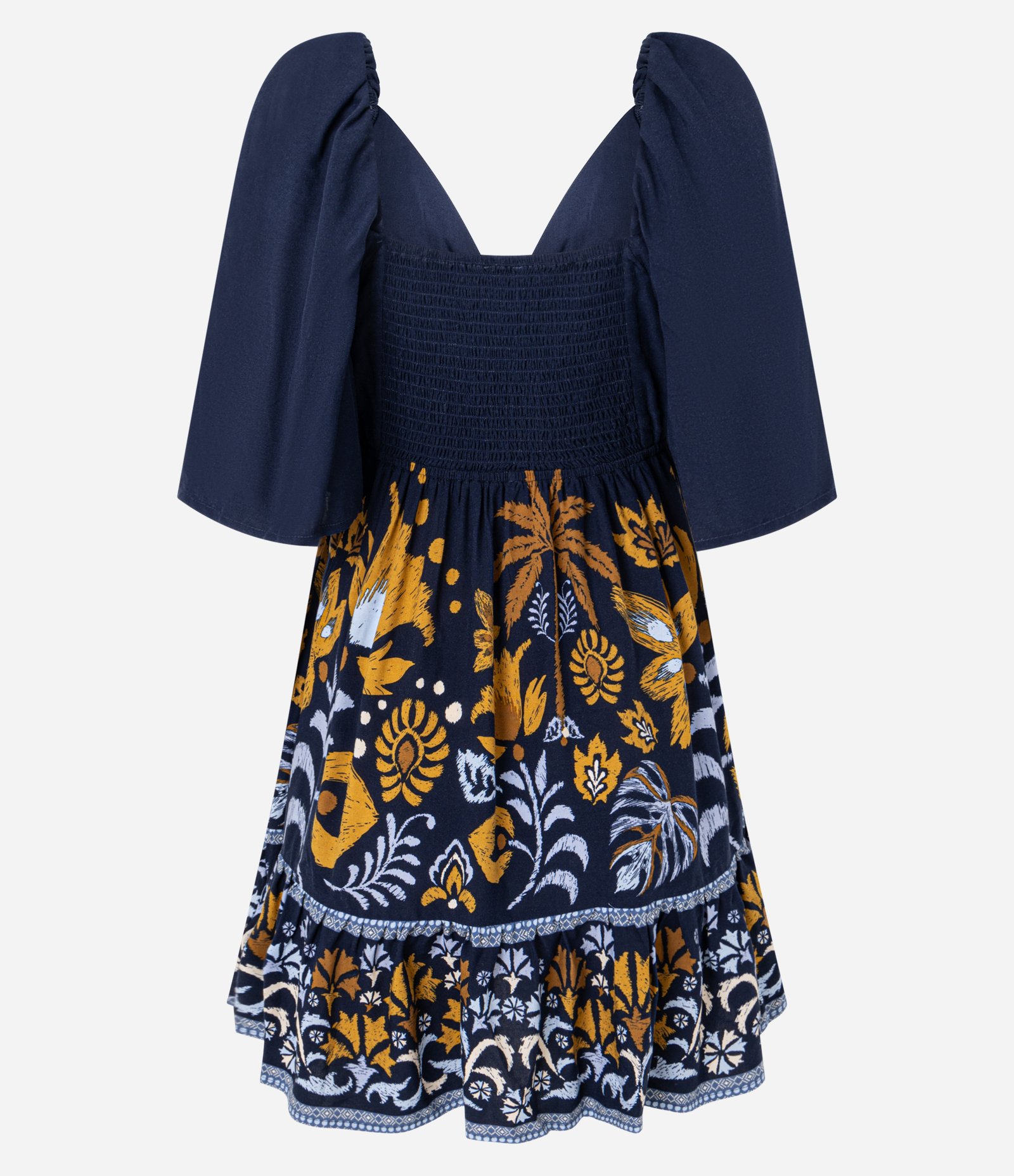 Vestido Evasê Curto em Viscose com Estampa Folhagem Azul Escuro 6