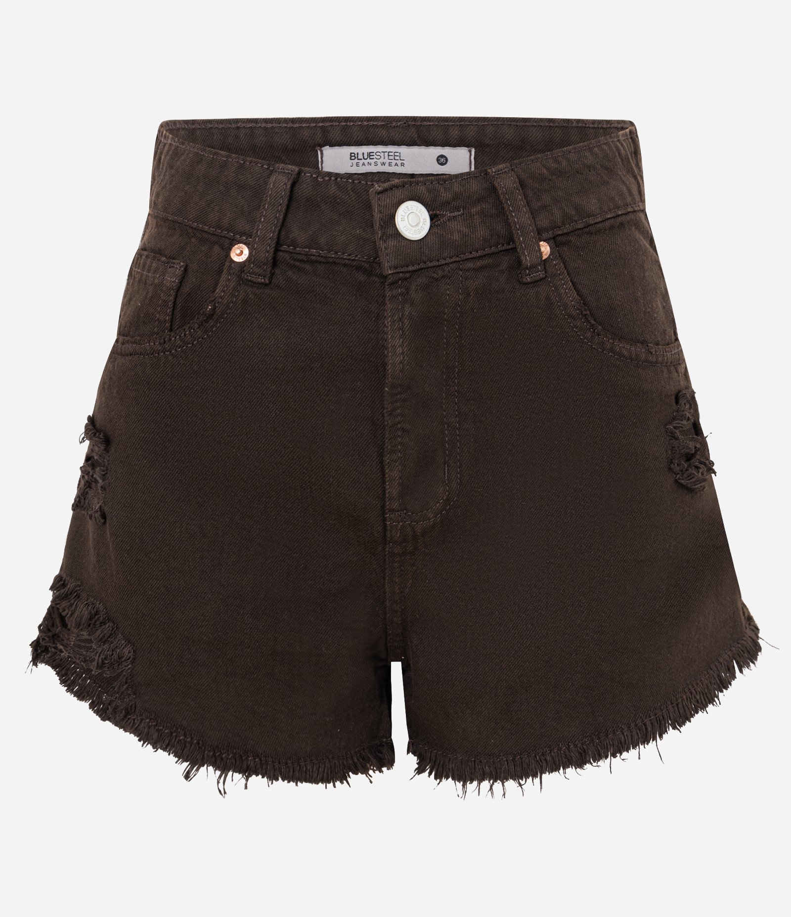 Short Slim em Sarja com Franjjas na Barra Desfeita Marrom 2 5