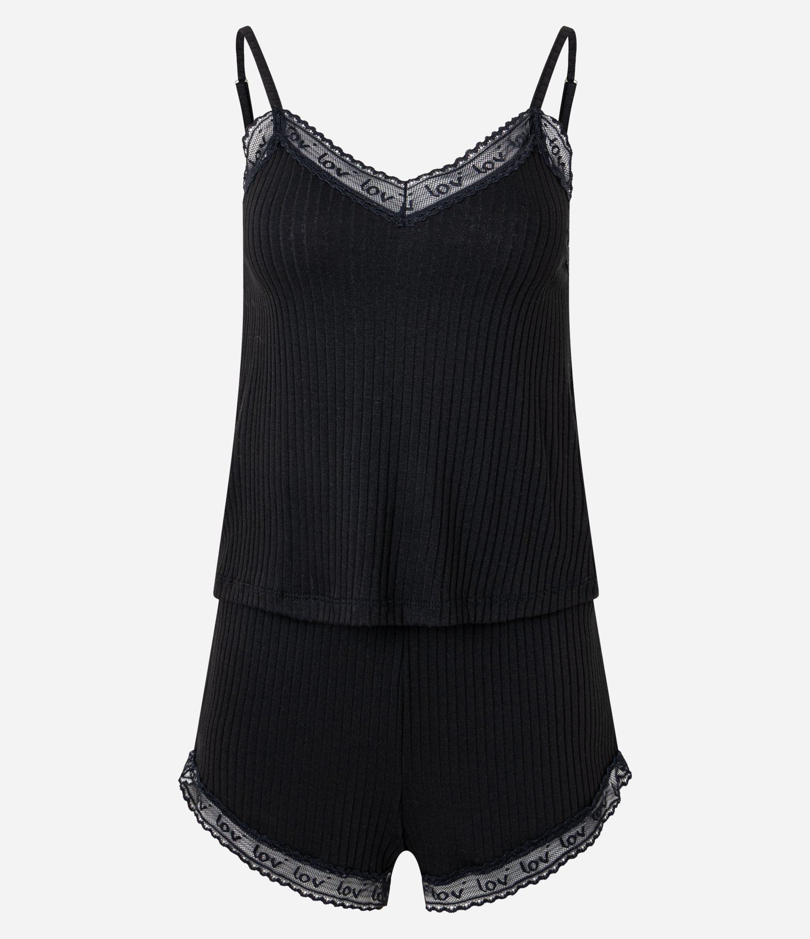 Pijama Short Doll em Ribana com Rendinha Lov Preto 5