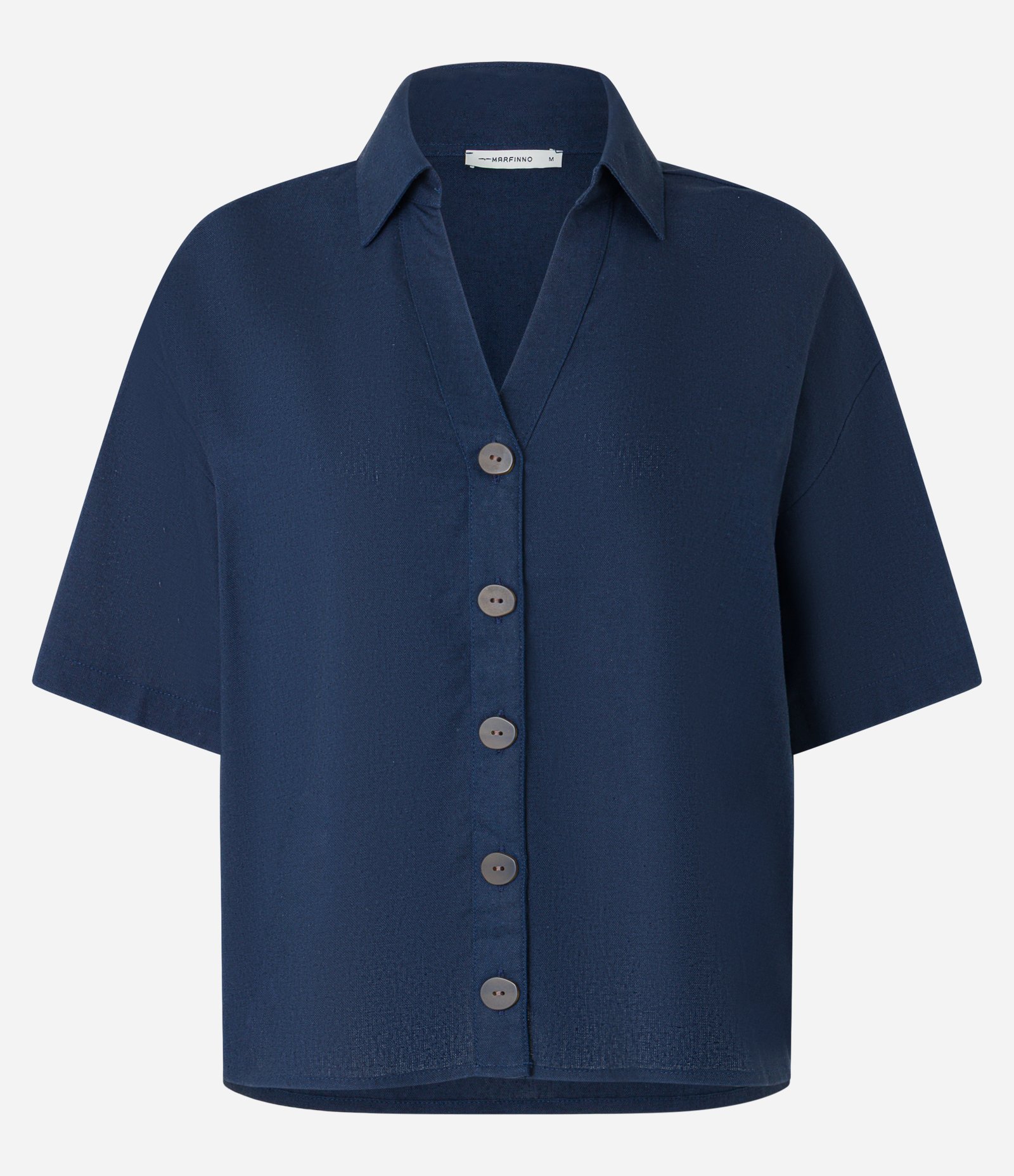 Camisa em Viscolinho com Cava Deslocada e Botões Azul Marinho 5