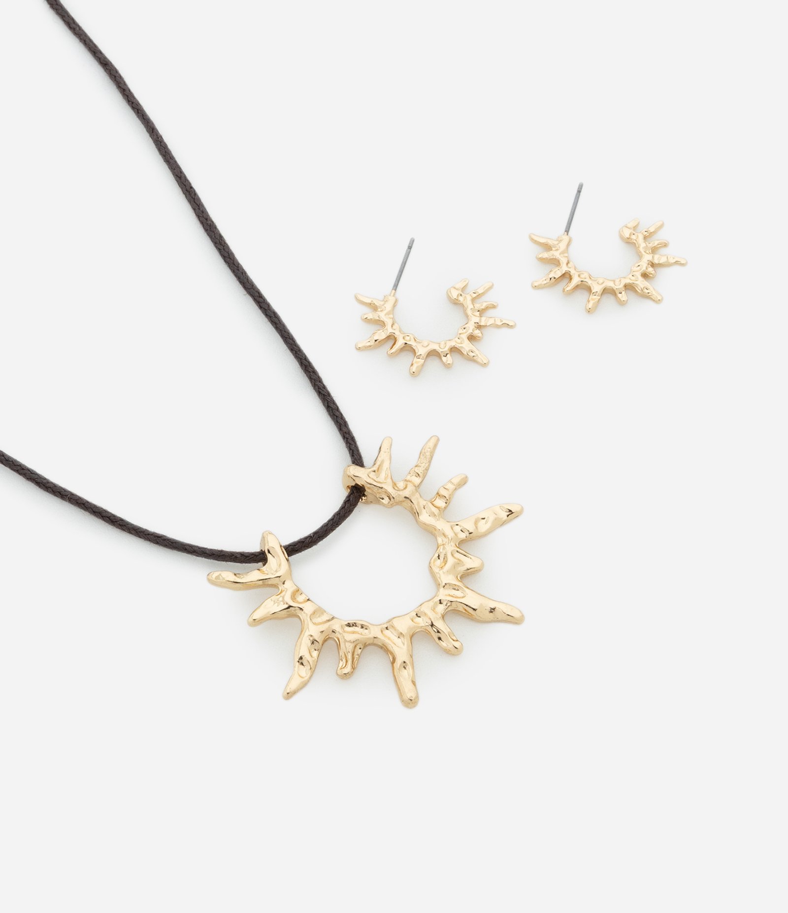 Conjunto de Colar com Fio Encerado e Pingente com Brinco Argola Marrom/Dourado 1