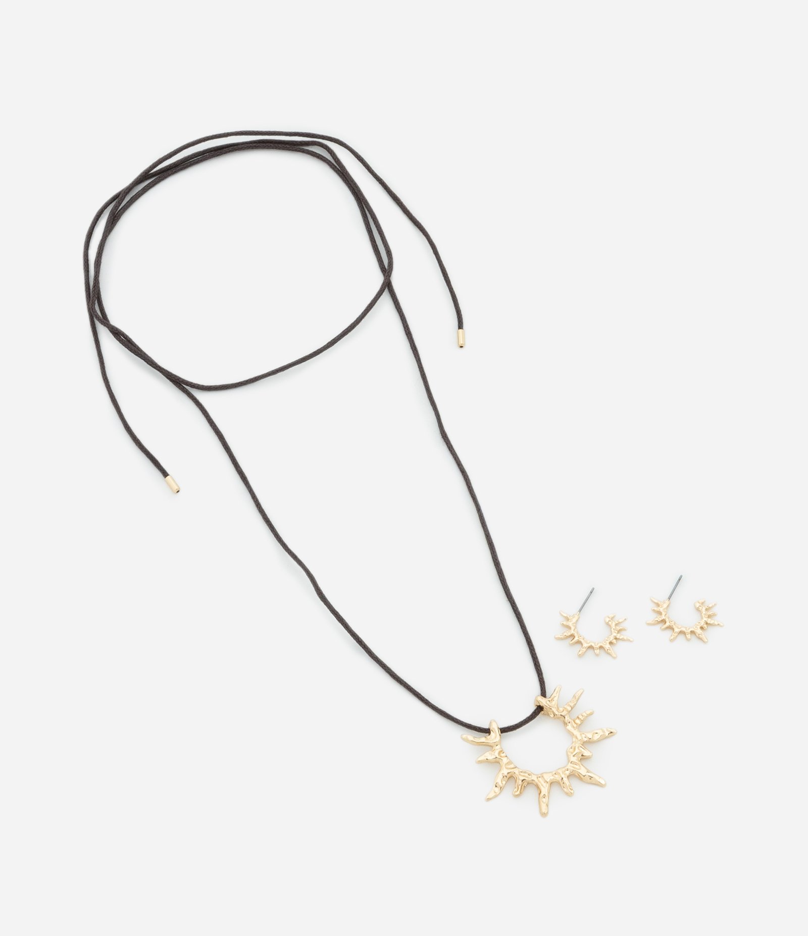 Conjunto de Colar com Fio Encerado e Pingente com Brinco Argola Marrom/Dourado 2