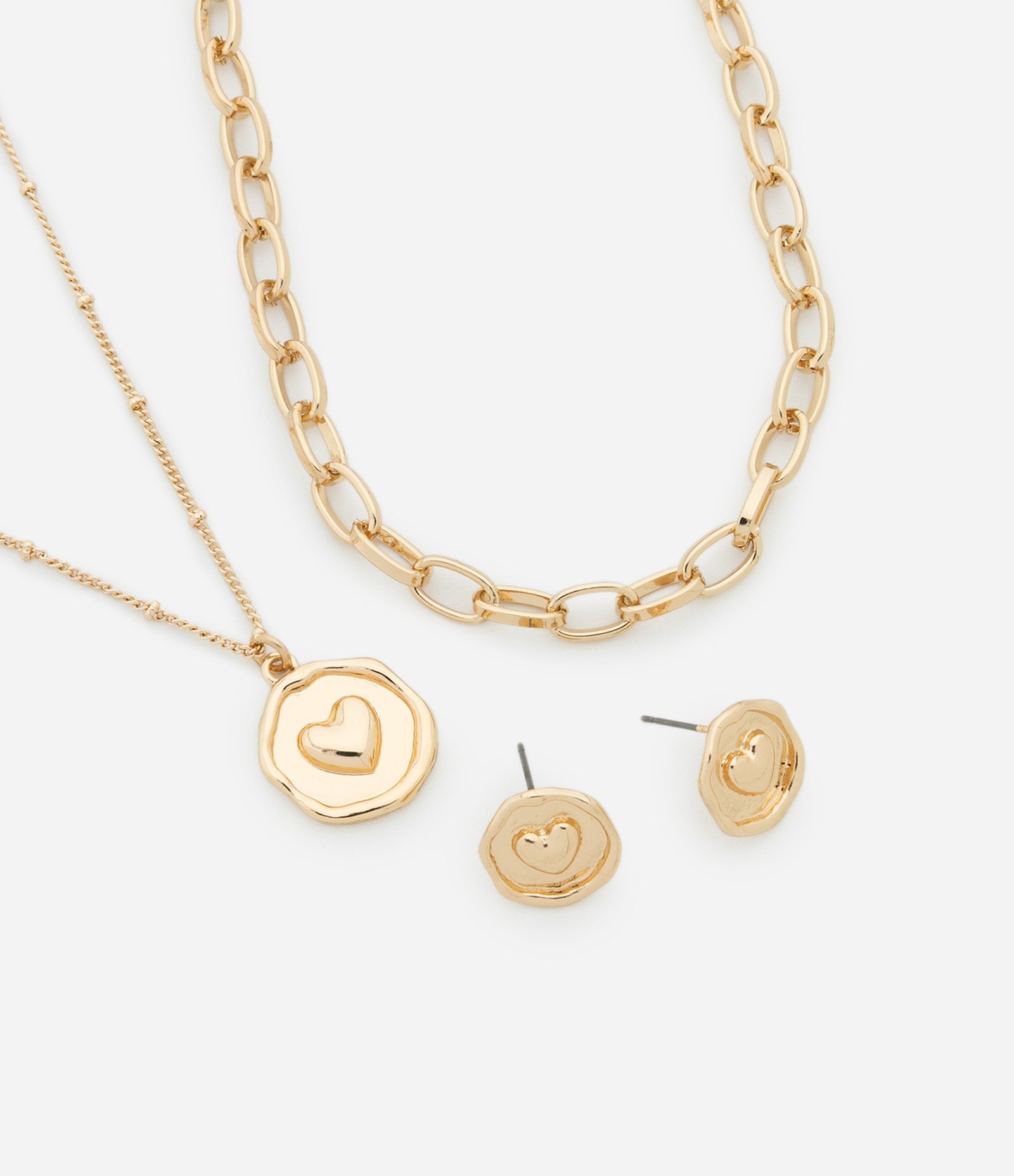 Conjunto de Colar Camadas com Elos e Pingente Botão e Brincos Botão Coração Dourado 1