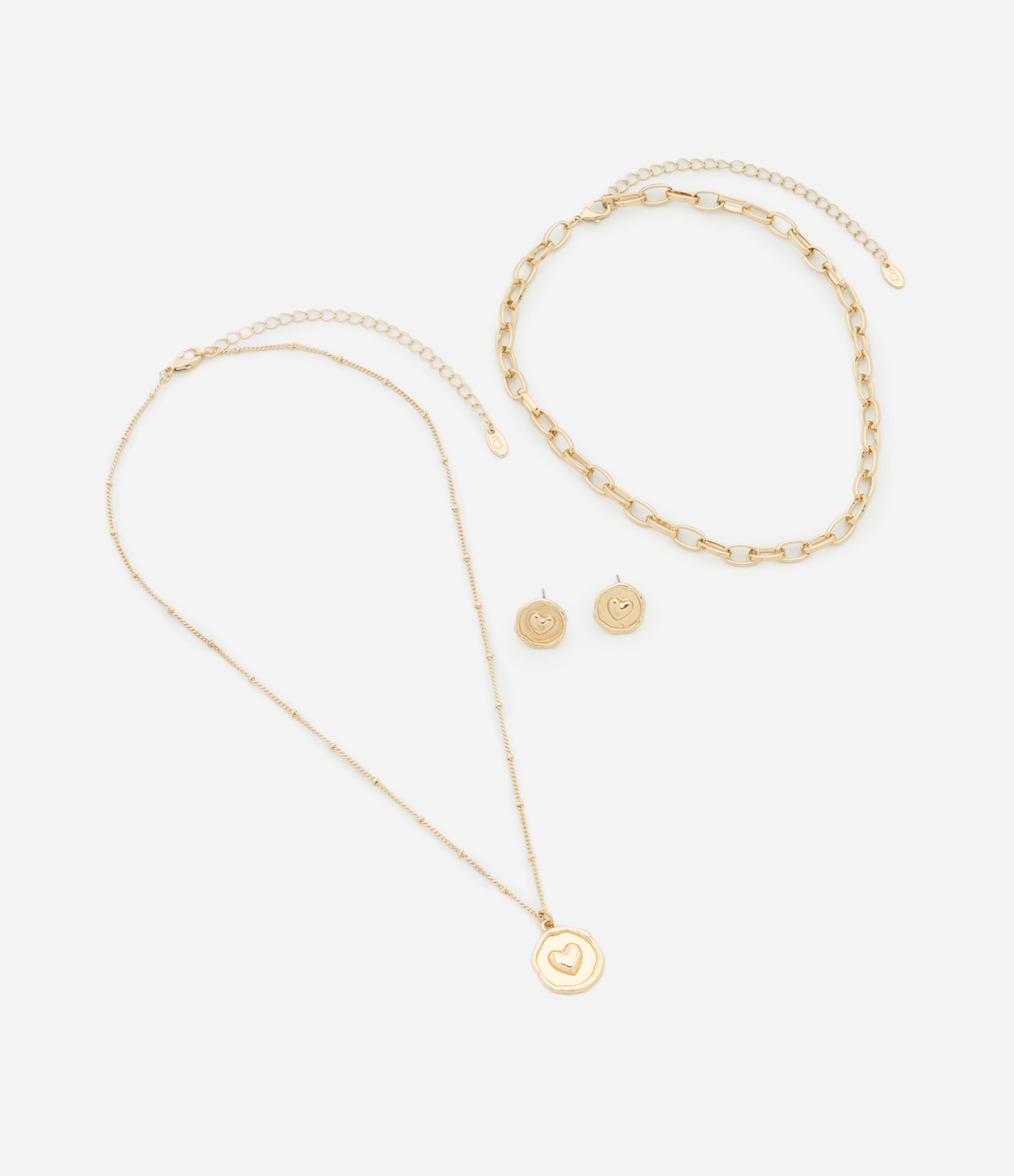 Conjunto de Colar Camadas com Elos e Pingente Botão e Brincos Botão Coração Dourado 2