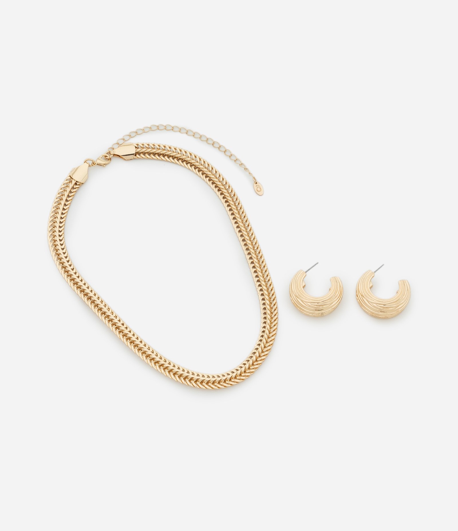 Conjunto de Colar Curto Duplo com Textura e Brincos Argola Dourado 2